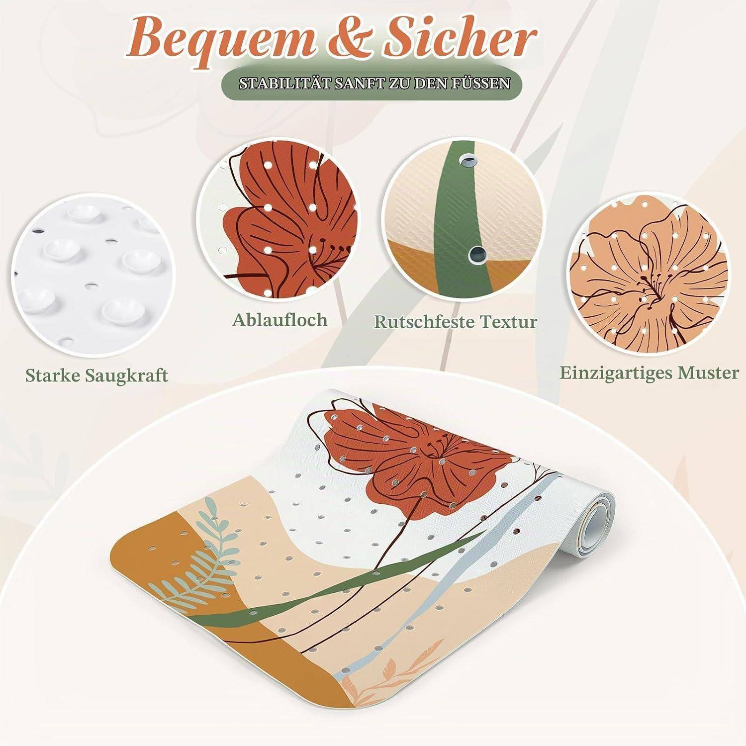 Badewannenmatte rutschfest 100x40cm Boho Blume PVC maschinenwaschbar