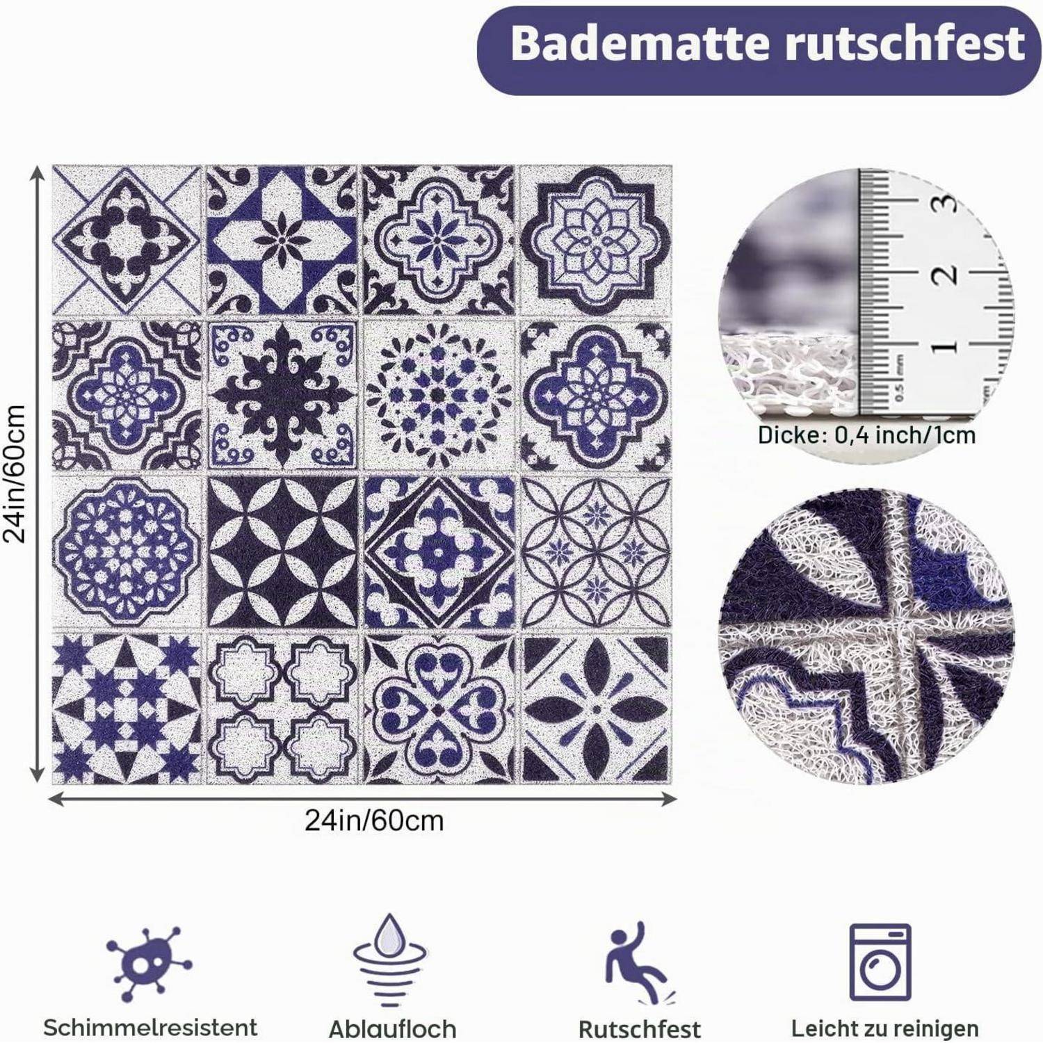 Duschmatte rutschfest 60x60cm dunkelblau antibakteriell mit Ablauflöchern
