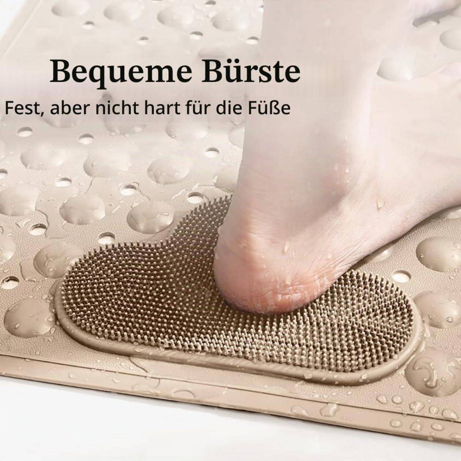 Duschmatte rutschfest 106x66cm TPE Beige mit Fußbürsten-Zone