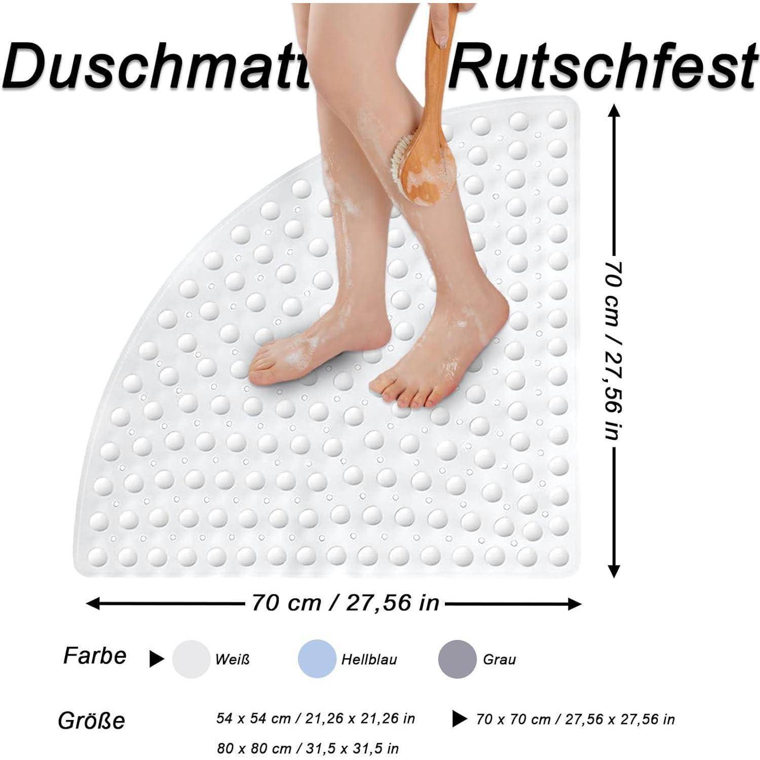 Eckduschmatte 70x70cm Weiß rutschfest mit Saugnäpfen und Ablauflöchern