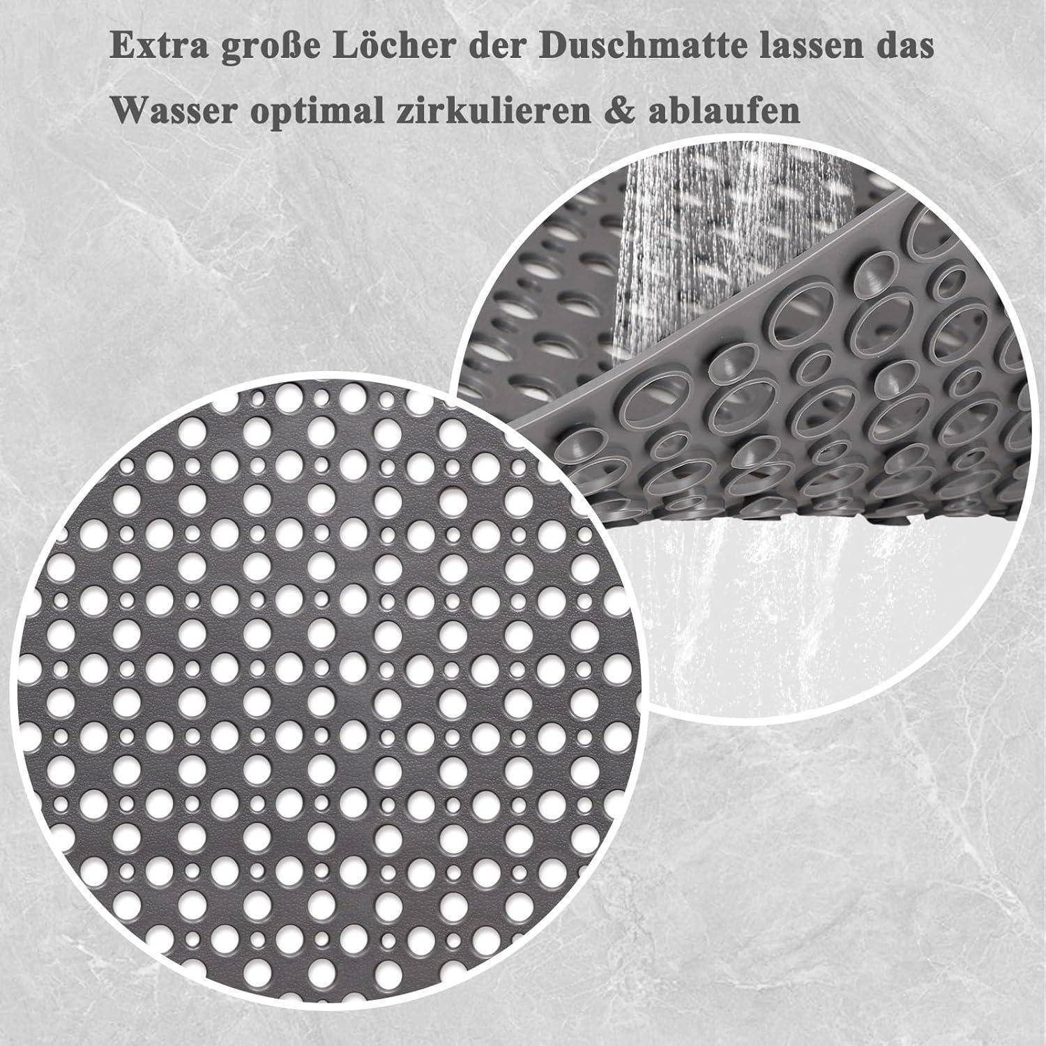 Duschmatte rutschfest 60x90cm Grau mit Saugnäpfen und Abflusslöchern