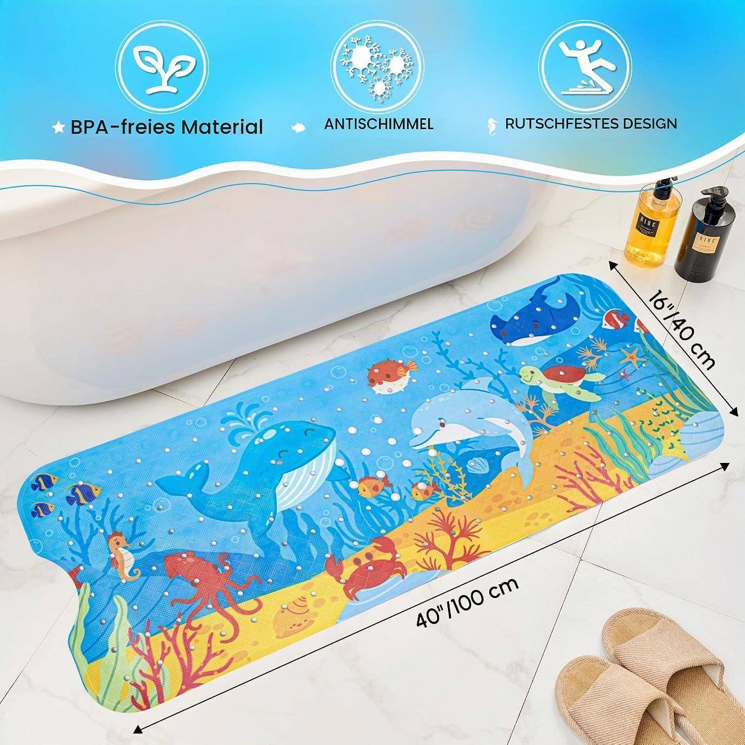 Badewannenmatte rutschfest 100x40cm PVC BPA-frei mit Saugnäpfen Delfin