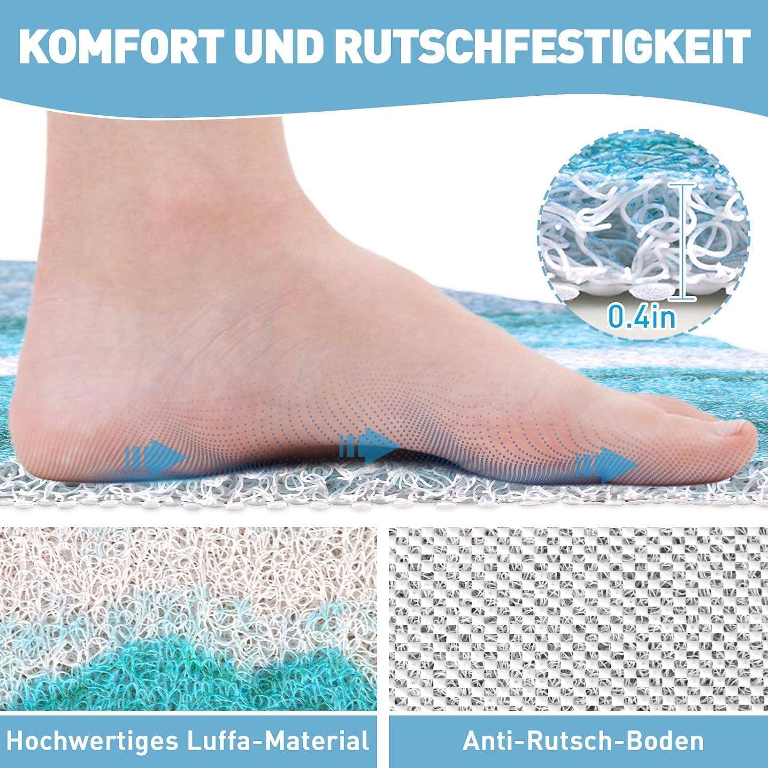 Infografik einer Fußsohle auf einer gepolsterten Matte, die Komfort und Rutschfestigkeit hervorhebt; Beschriftungen sagen „Hochwertiges Luffa-Material