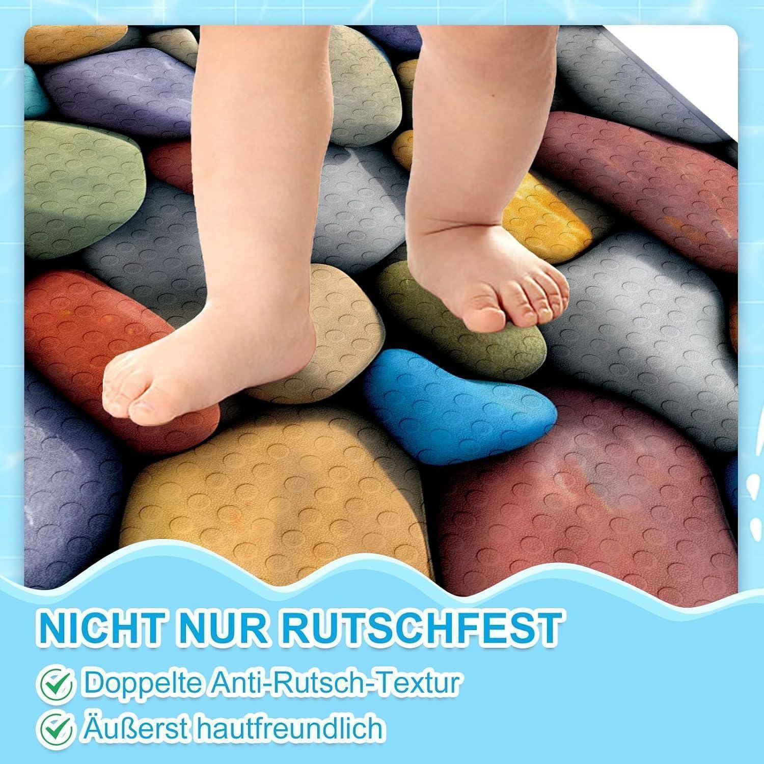 Babyfüße stehen auf einer farbenfrohen strukturierten rutschfesten Matte, mit deutschem Text, der die doppelte rutschfeste Struktur und die hautfreundliche Oberfläche bewirbt.