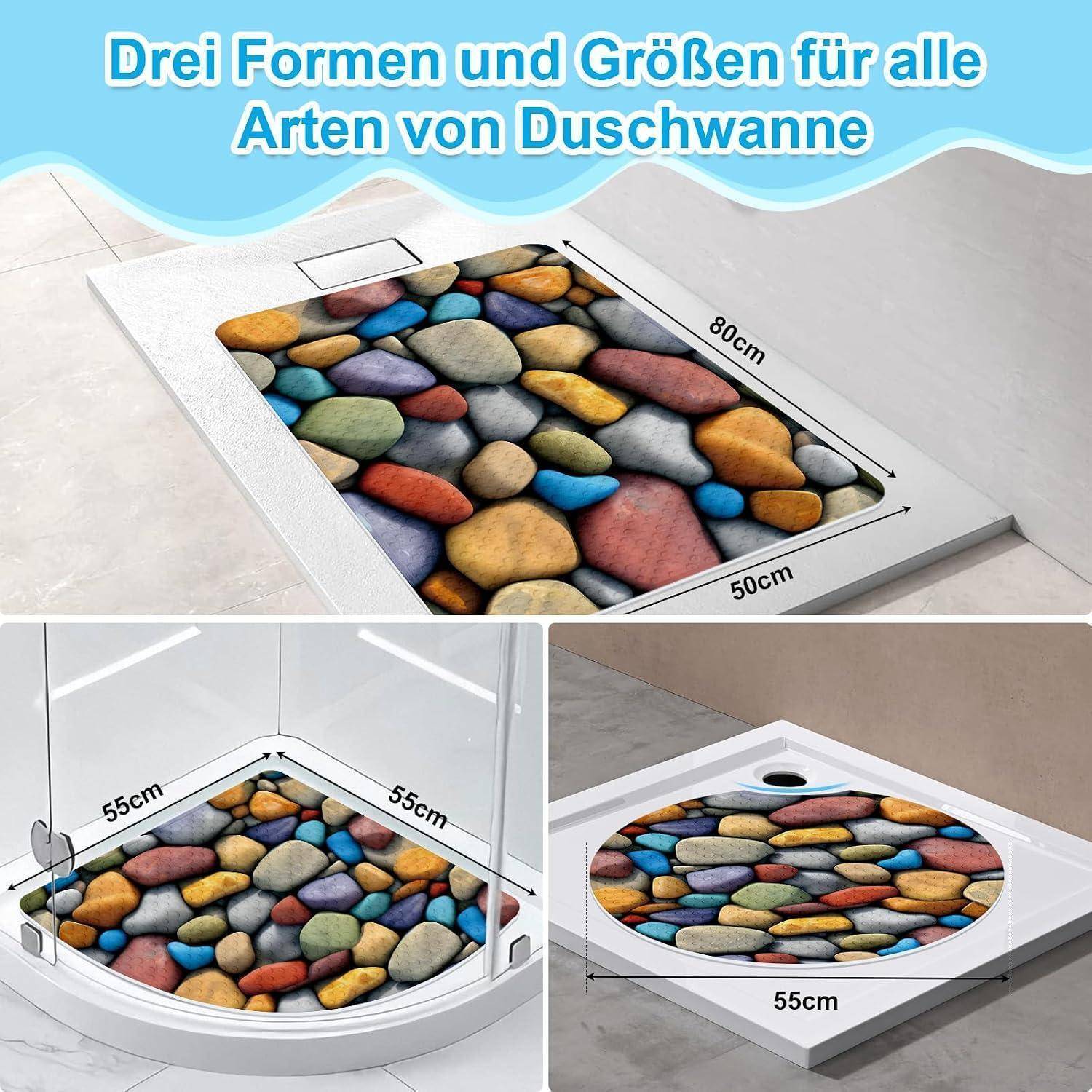 Diagramm mit drei Duschmattenformen und -größen: rechteckig 80x50 cm, quadratisch 55x55 cm und rund 55 cm.