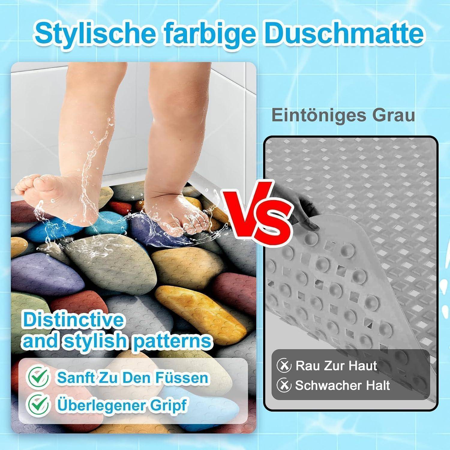 Produktvergleichsgrafik einer Badematte: Bunte Steinmuster-Matte mit Füßen, dargestellt als weich und rutschfest, im Vergleich zu einer schlichten grauen Matte mit rauer Oberfläche und schwachem Halt.