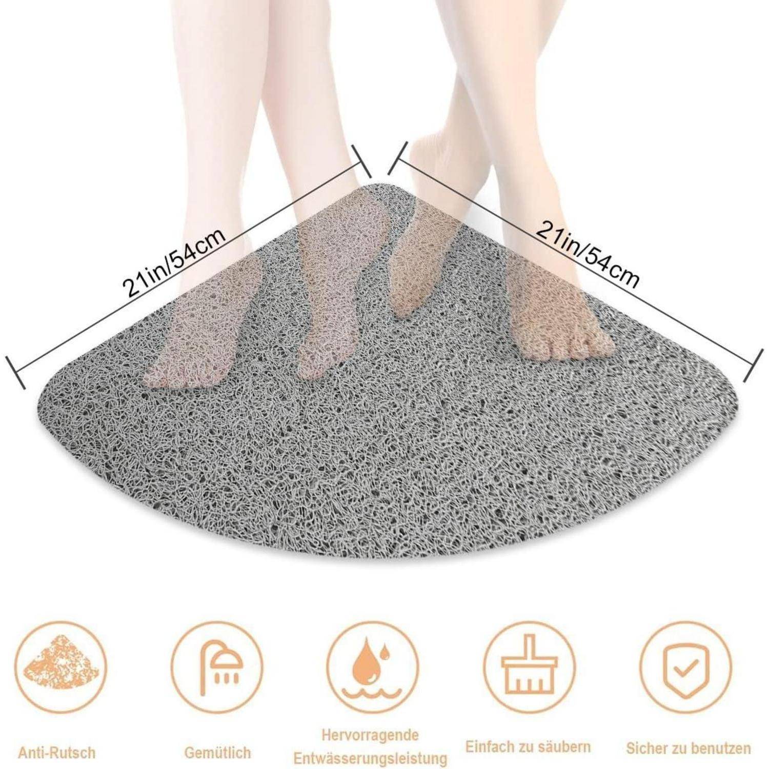 Grauer runder rutschfester Badematte, 21 Zoll/54 cm breit, unter den Füßen gezeigt; Symbole heben Komfort, Absorptionsfähigkeit, einfache Reinigung und Sicherheit hervor.