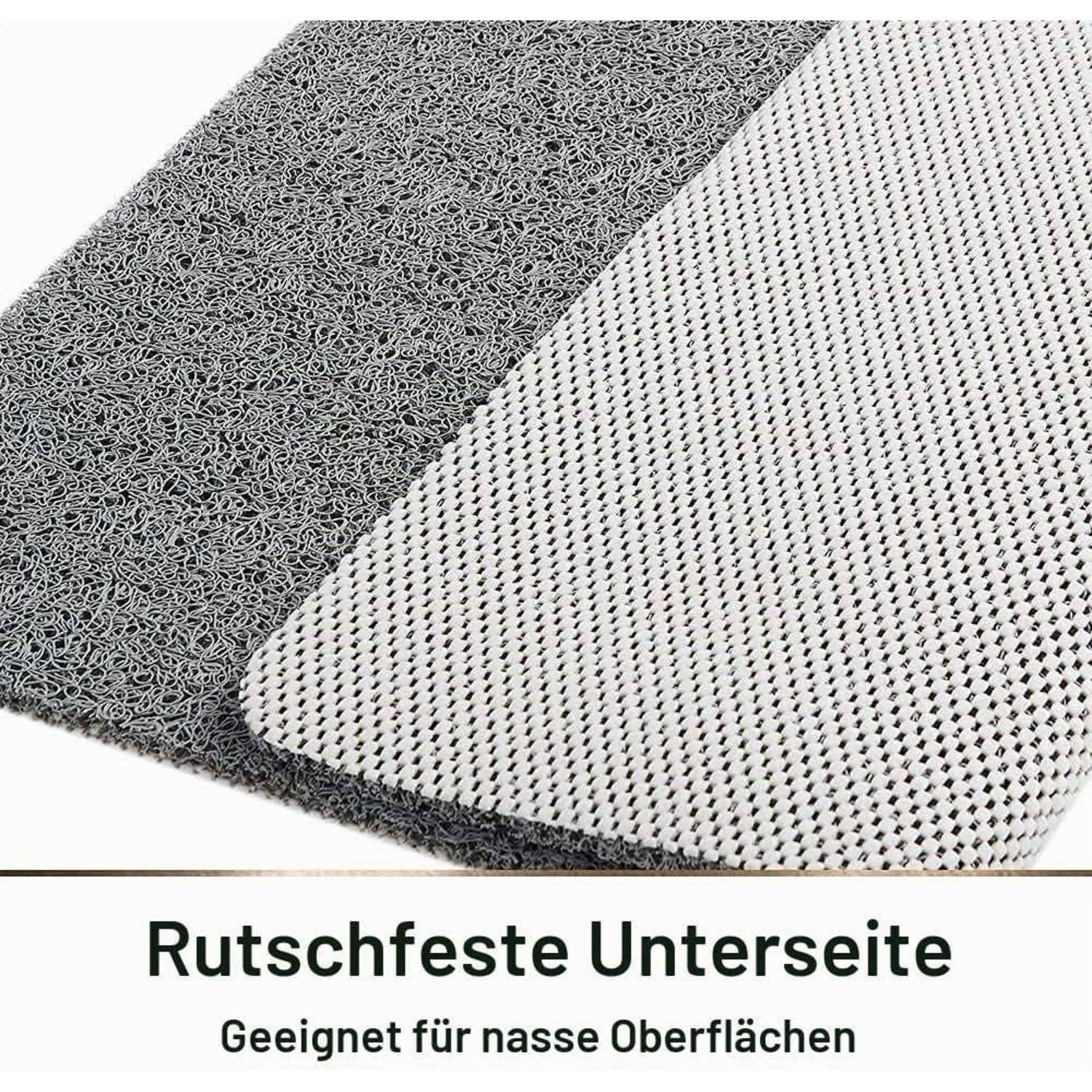 Nahaufnahme von zwei strukturierten rutschfesten Unterlagen, eine dunkelgrau und eine weiß, mit deutschem Text „Rutschfeste Unterseite