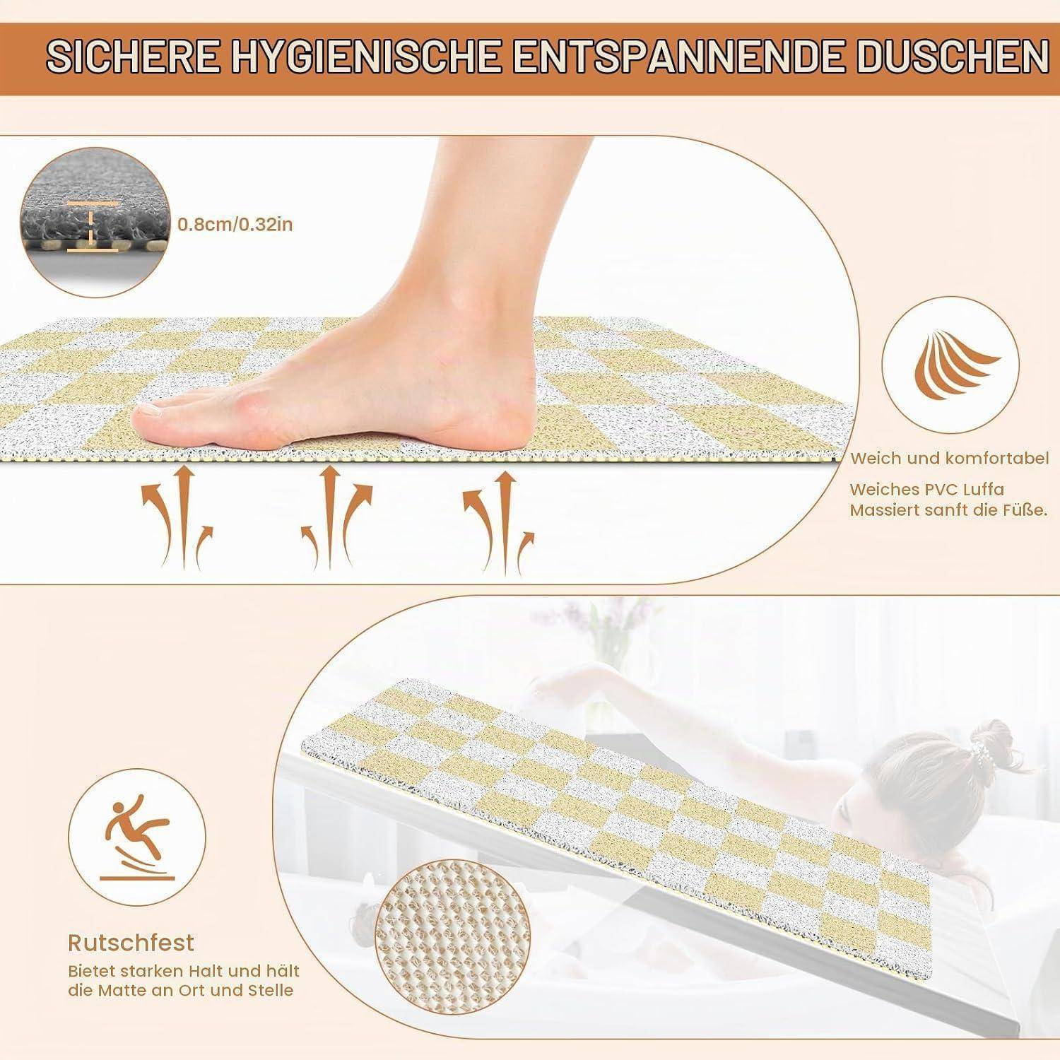 Illustrierte Anzeige für eine gepolsterte Badmatte unter einem Fuß, die rutschfeste Eigenschaften, Komfort und Wasserdrainage betont; deutscher Text bewirbt sicheres, hygienisches Duschen.