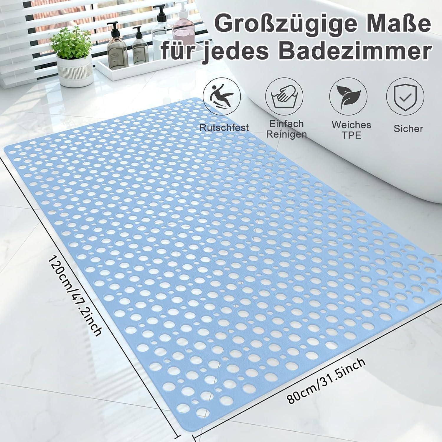 Blauer perforierter Badteppich mit Saugnäpfen für die Badezimmernutzung, gekennzeichnet mit 120 cm x 80 cm; mit den Merkmalen „Rutschfest
