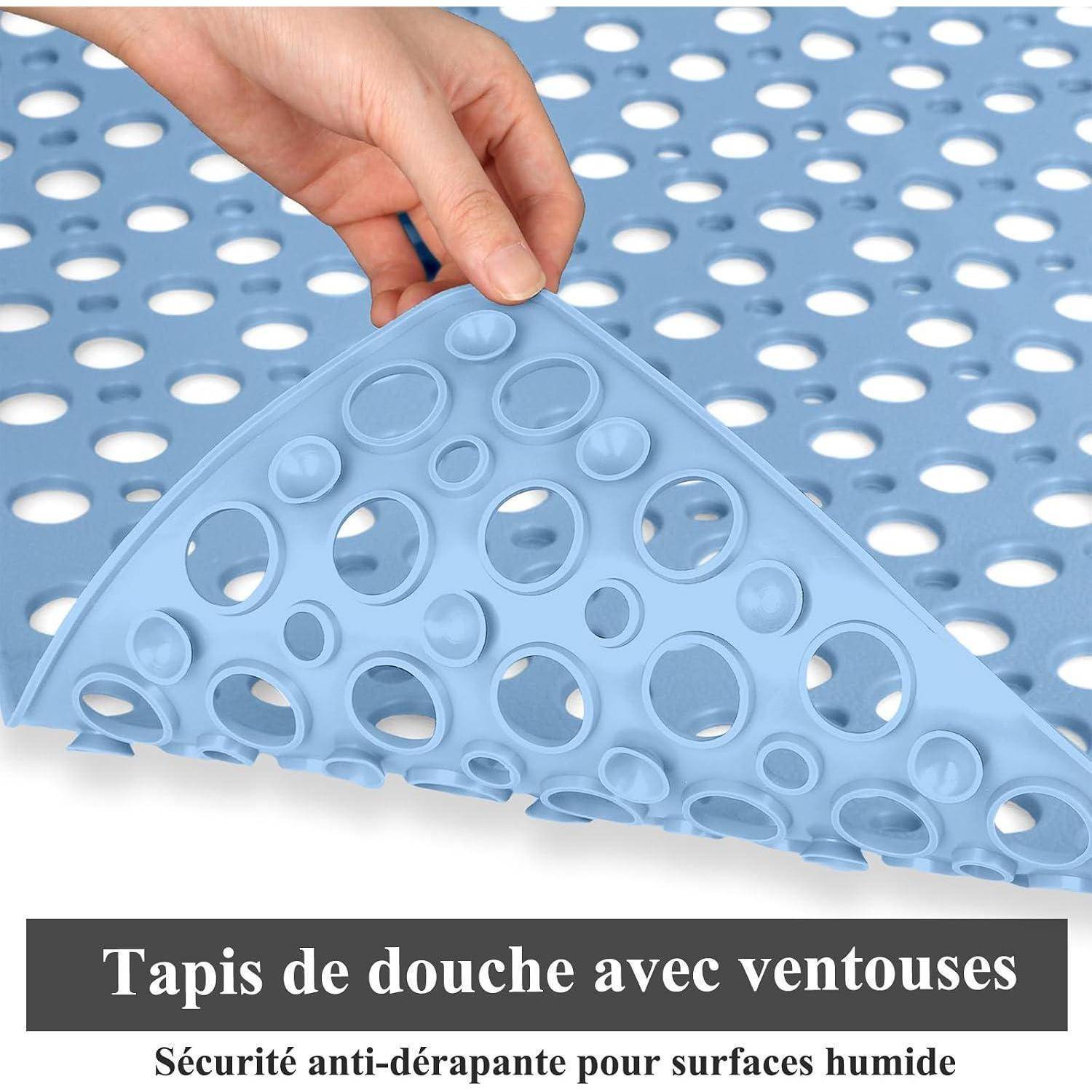 Hand lifting a blue perforated anti-slip shower mat with suction cups; German text reads 'Duschenmatte mit Saugnäpfen' and 'Rutschsicherheit für feuchte Oberflächen'.