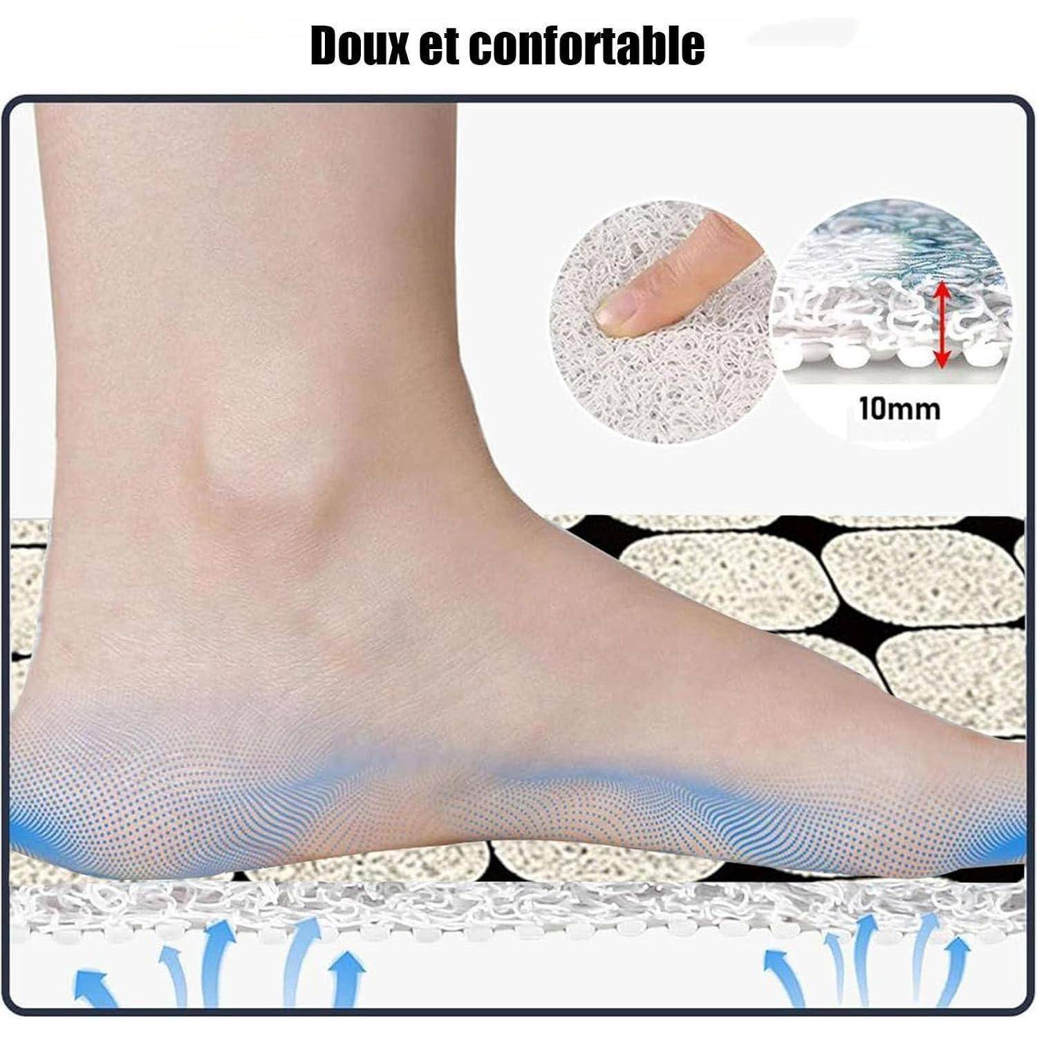 Fuß auf gepolsterter Matte mit Komfort und Atmungsaktivität, 10 mm Dicke und französischem Text „Doux et confortable