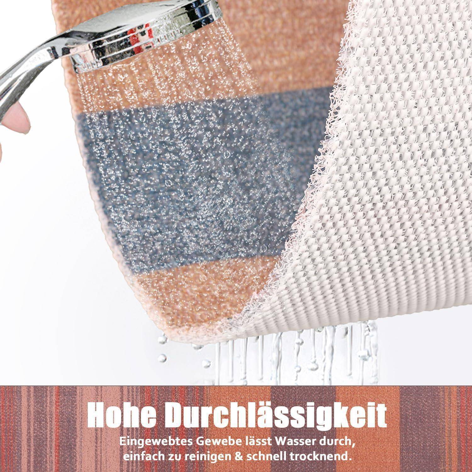 Nahaufnahme von Wasser, das durch ein geflochtenes weißes Textil fließt, das unter einer Duschbrause gehalten wird, mit deutschem Text „Hohe Durchlässigkeit