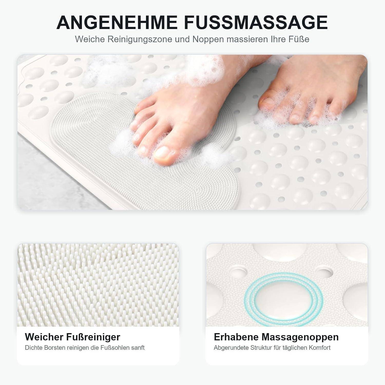 Werbebild einer Fußreinigungsmatte, die barfüßig mit Schaum massiert; eingefügte Bilderklärungen zeigen „Weicher Fußreiniger