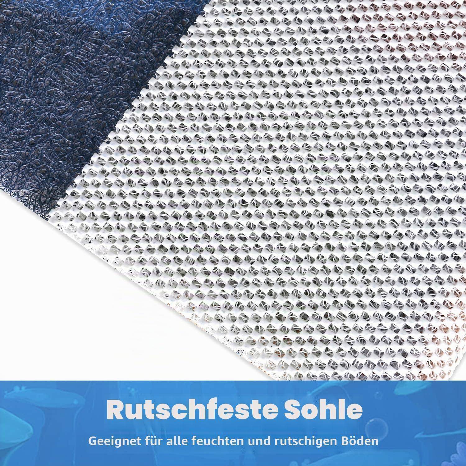 Nahaufnahme von zwei strukturierten rutschfesten Schuhsohlen, dunkelblau und weiß, mit deutschem Text „Rutschfeste Sohle
