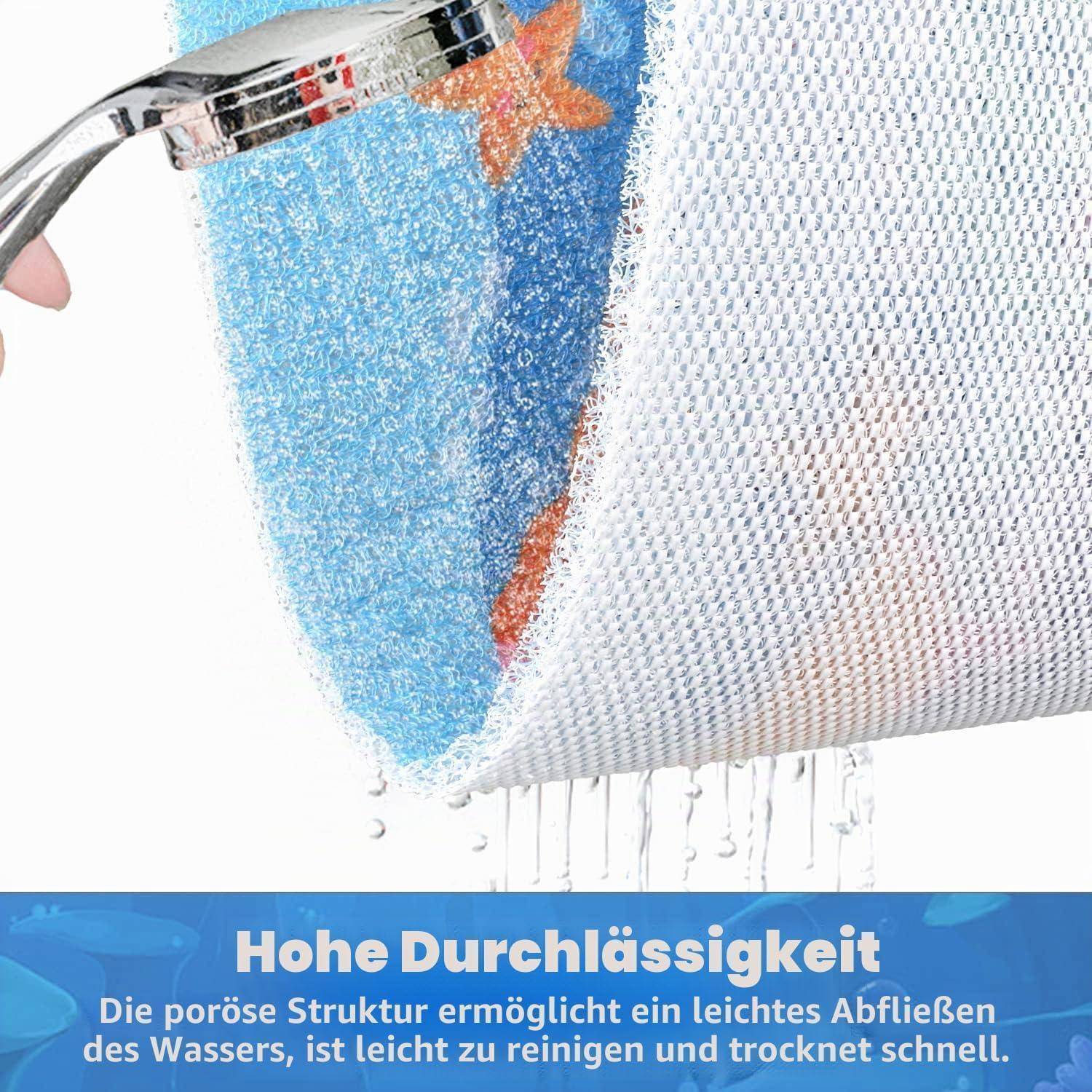 Nahaufnahme eines porigen Meshgewebes, das mit Wasser gespült wird; die Bildunterschrift sagt „Hohe Durchlässigkeit