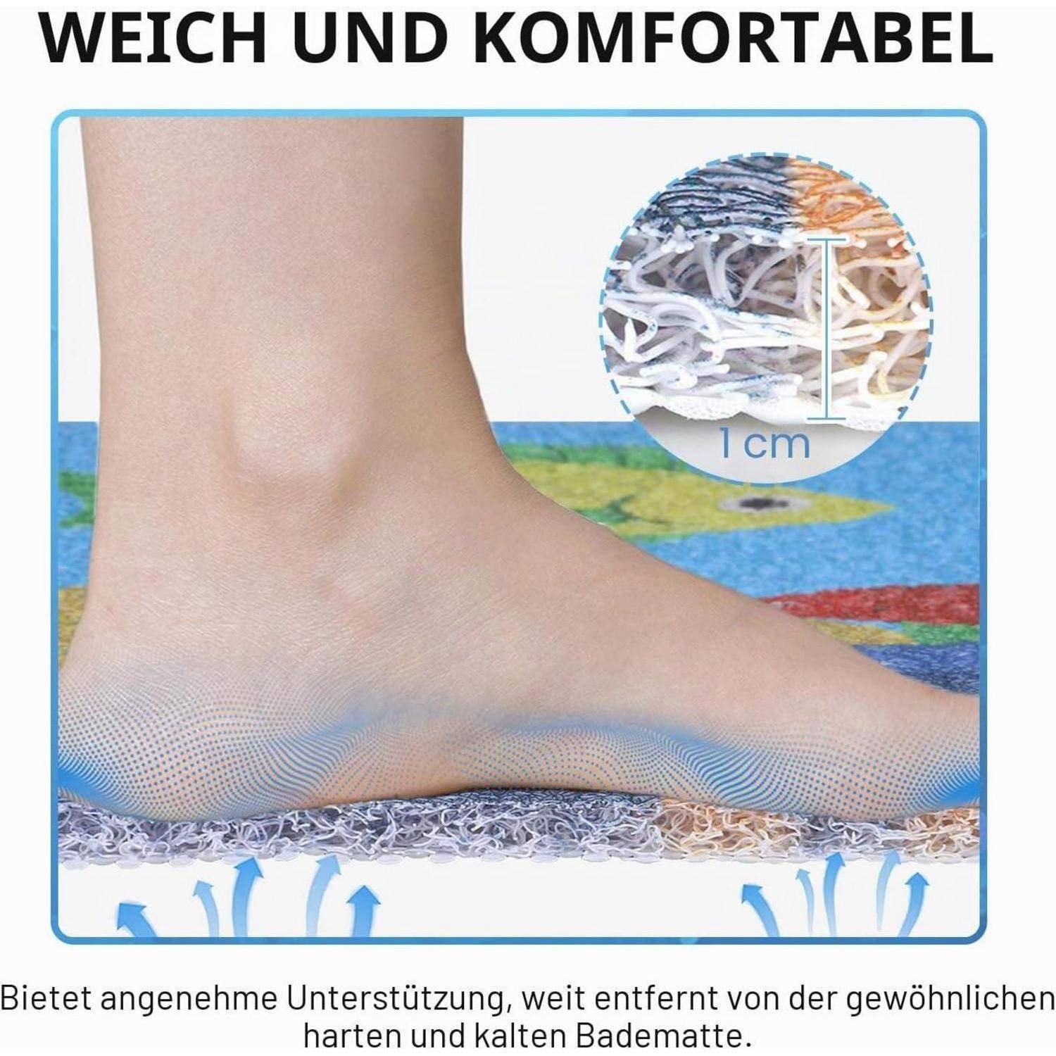 Fuß auf einer gepolsterten Matte gedrückt, mit einer Vergrößerung, die ein 1 cm dickes geschichtetes Stützmaterial zeigt.
