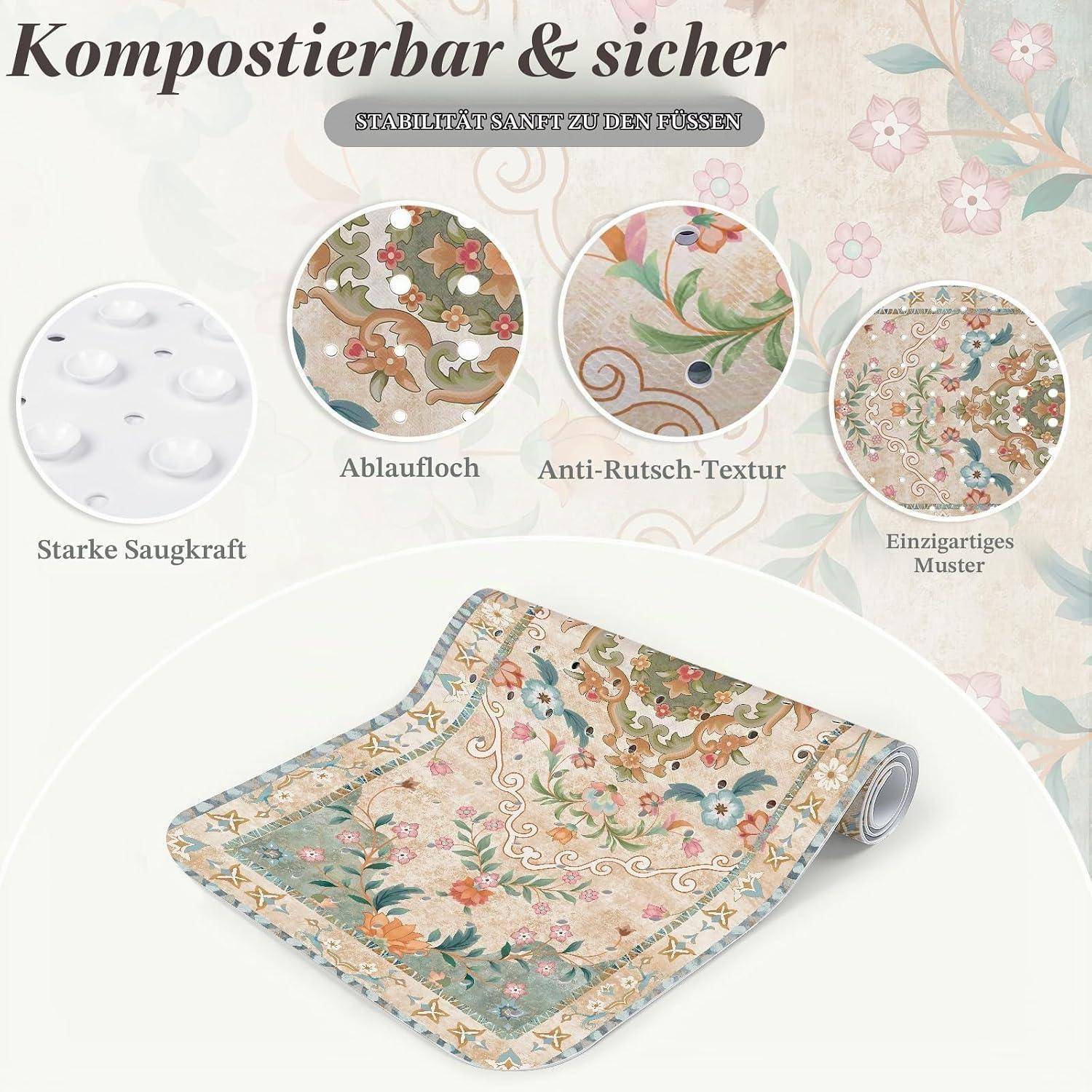 Illustration einer Blumenbadematte mit deutschen Beschriftungen, die starke Saugkraft, Abflusslöcher, rutschfeste Oberfläche und einzigartiges Muster hervorheben; Text sagt „Kompostierbar & sicher" und „Sicher und sanft zu den Füßen"".