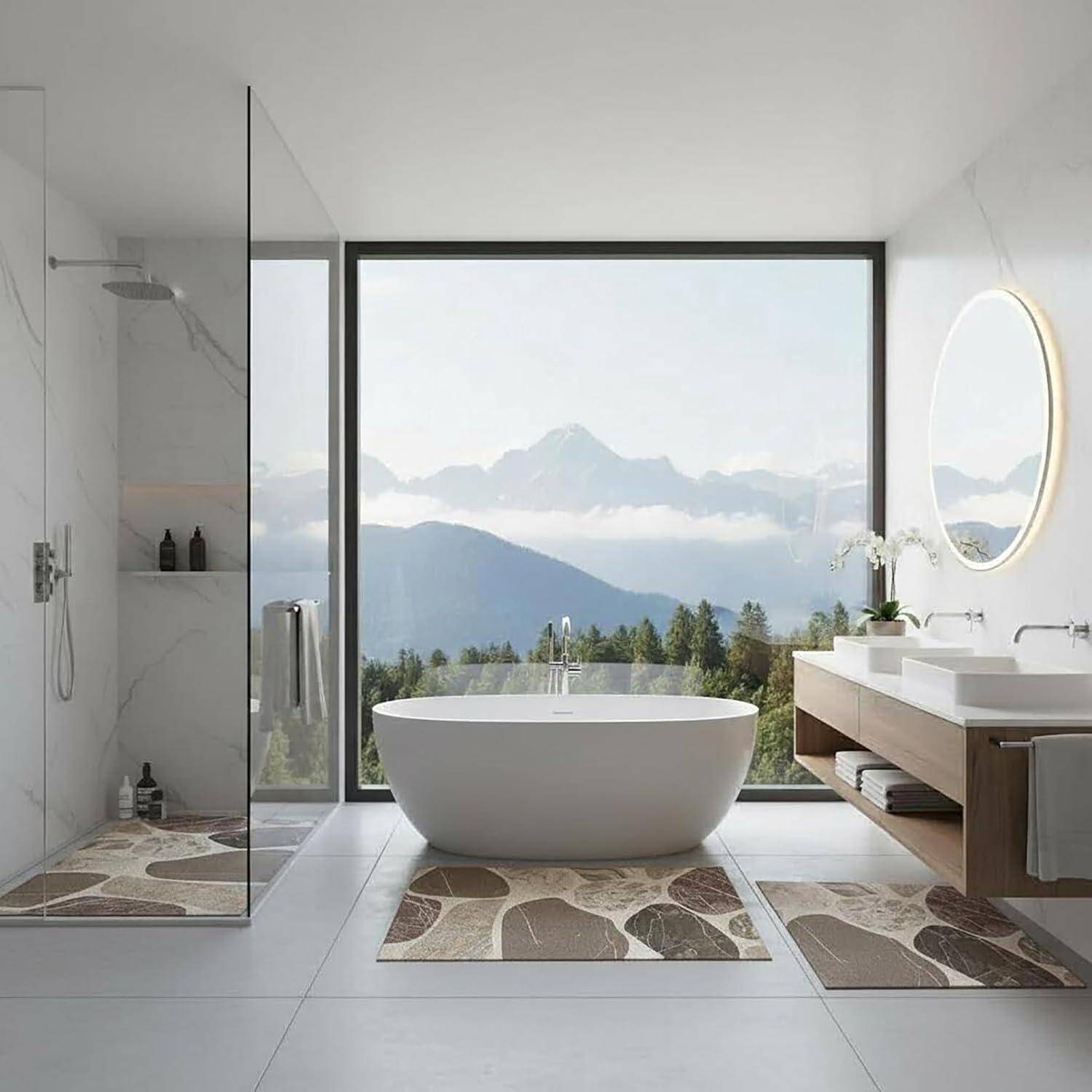 Modernes Badezimmer mit freistehender Badewanne, Glassdusche, Doppelwaschtisch und großem Fenster mit Bergblick.