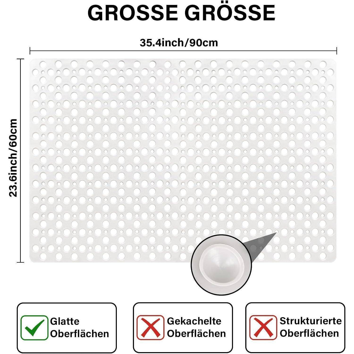 Weiße perforierte Matte, 35,4 x 23,6 Zoll (90 x 60 cm), gekennzeichnet mit 'GROSSE GRÖSSE'; geeignet für glatte Oberflächen, nicht für Fliesen oder strukturierte Oberflächen.