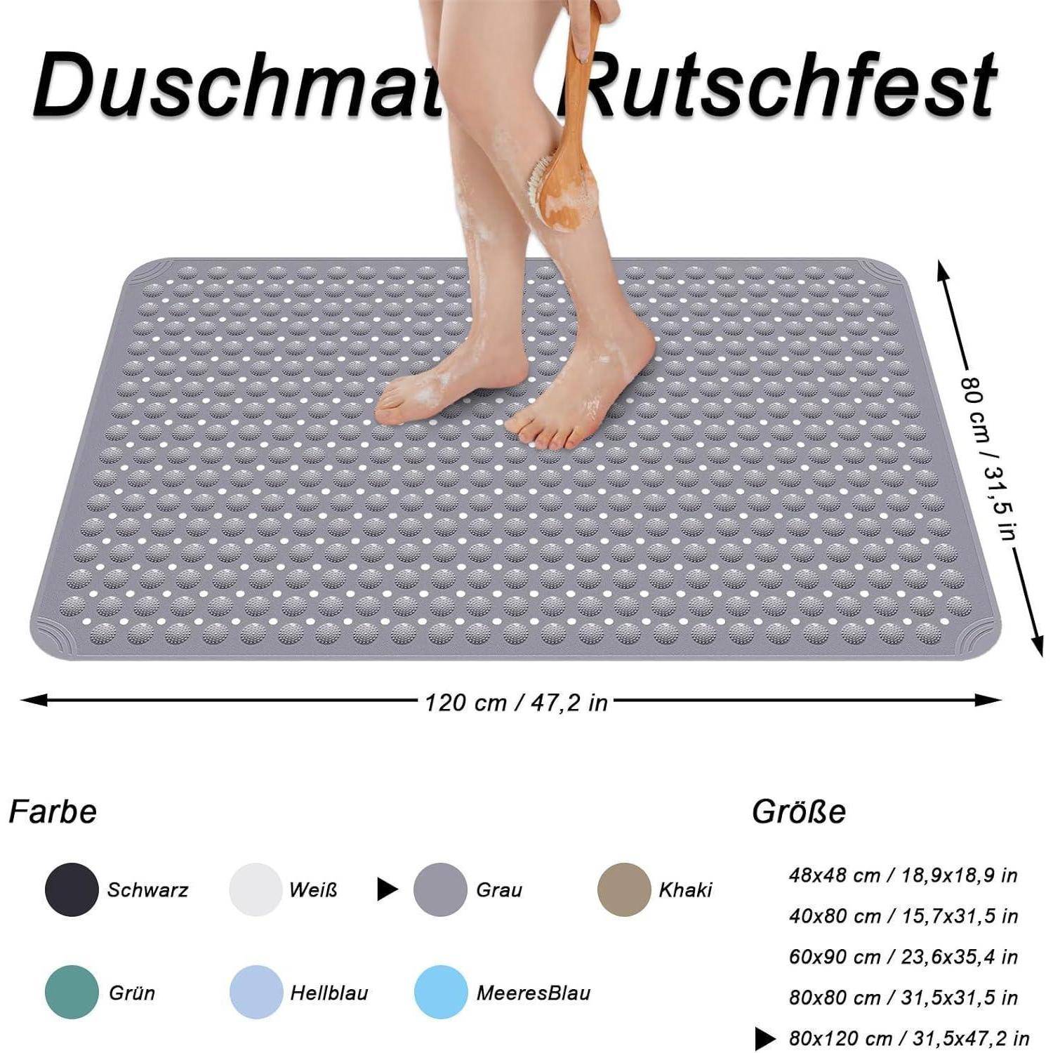 Graue rutschfeste Badematte gezeigt mit Füßen, die darauf stehen; Größenangaben zeigen 120 cm x 80 cm an, mit Farboptionen aufgelistet darunter.