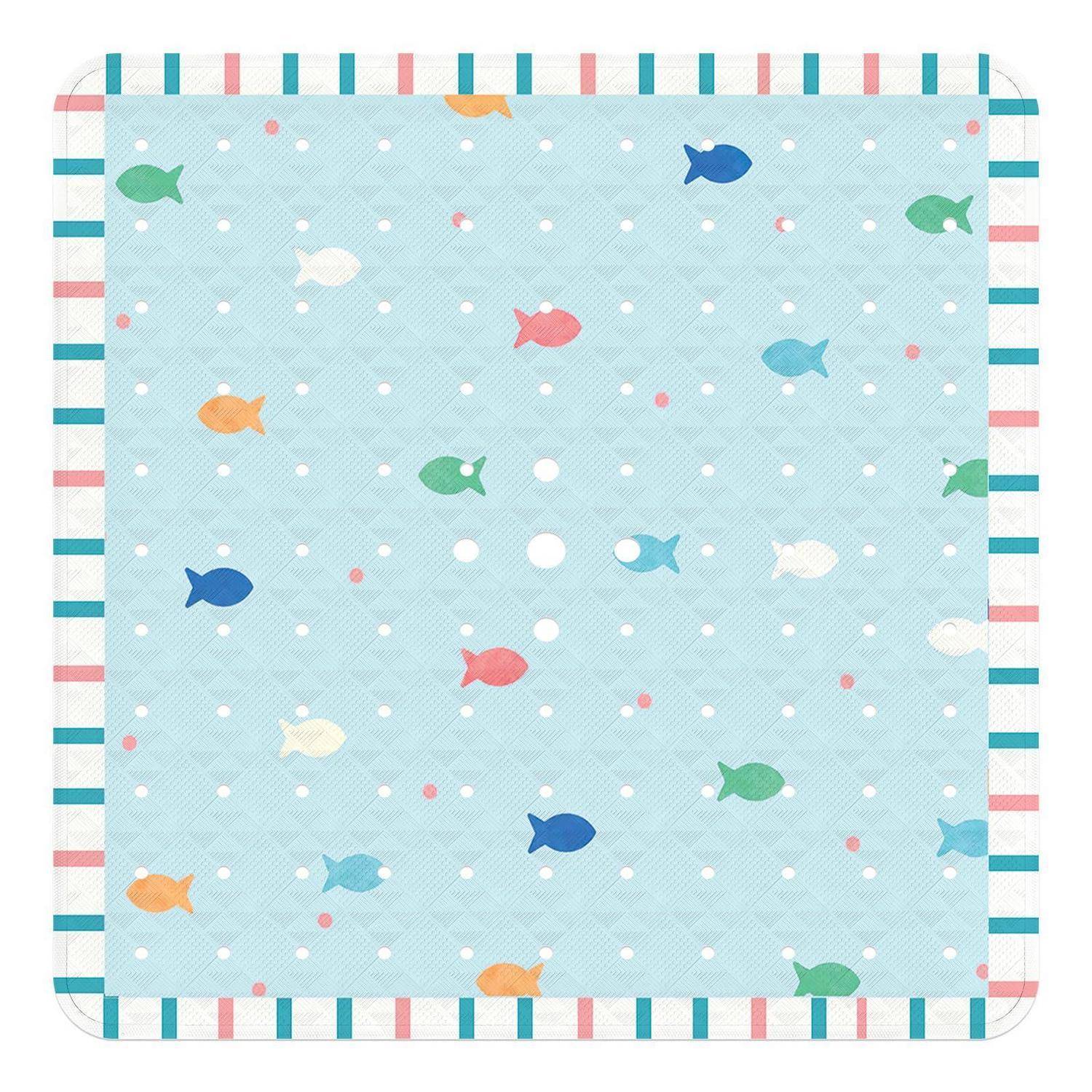 Hellblaukariertes Quadrat mit kleinen bunten Fischen und Punkten, umrahmt von einem gestreiften Rand.