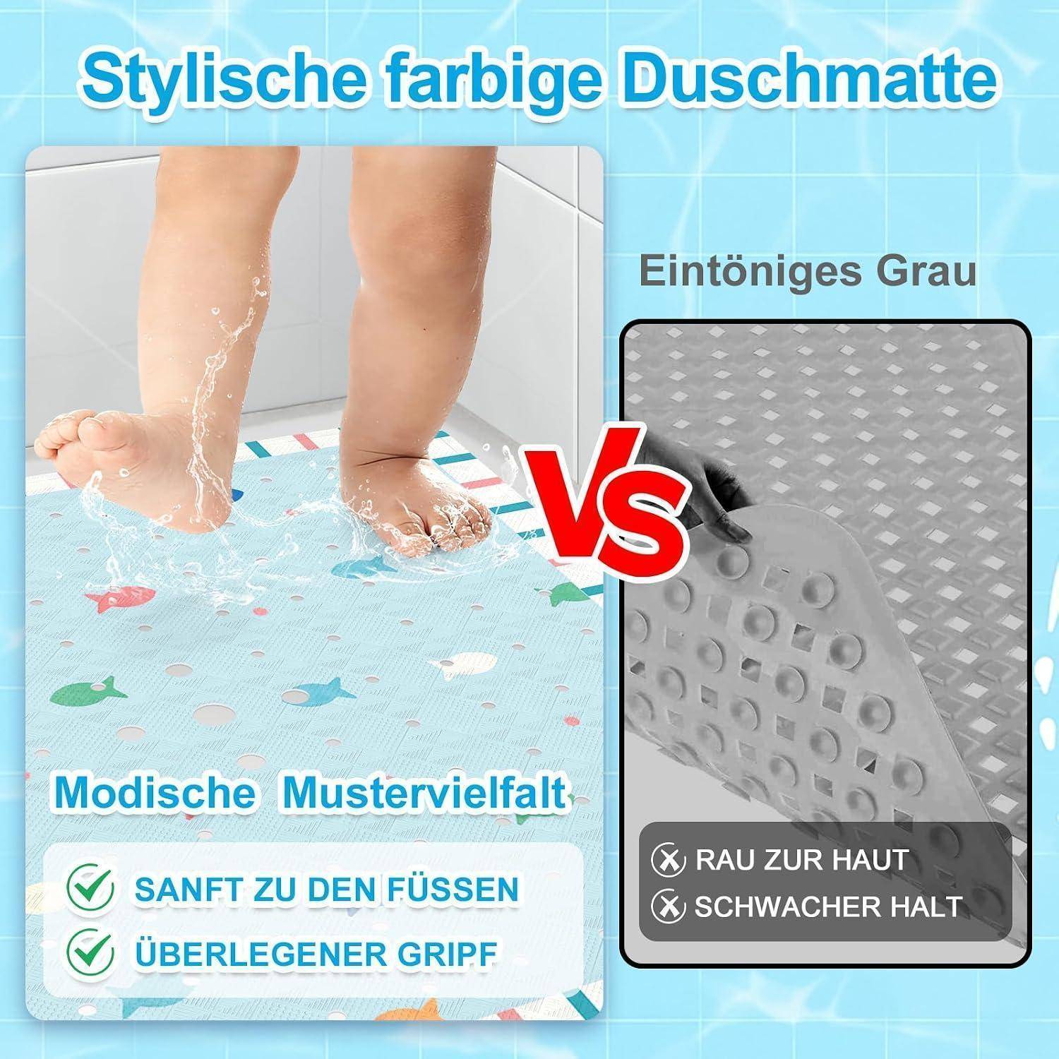 Werbeanzeige für eine farbige Duschmatte im Vergleich zu einer grauen Matte: links Kind auf gemusterter Matte mit „sanft zu den Füßen