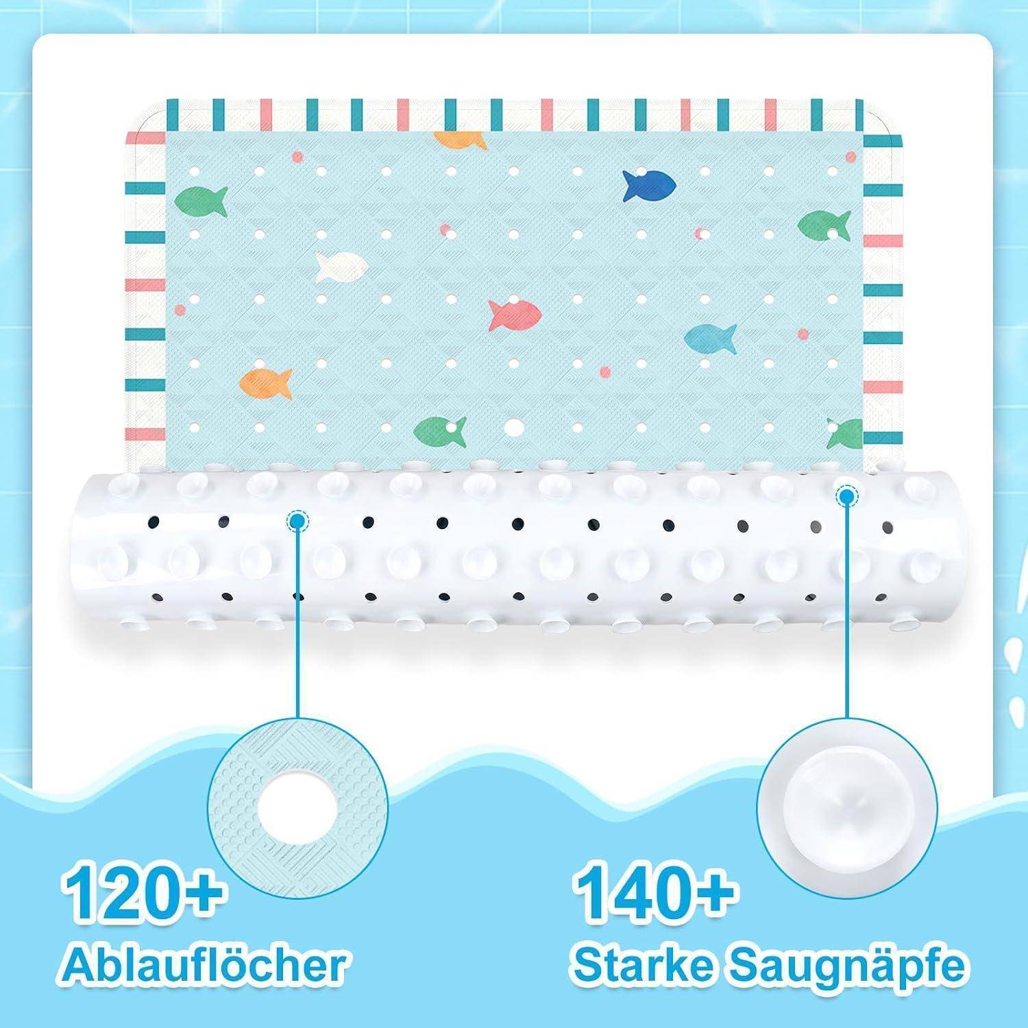 Illustration eines Babybettschutzgitters mit Fischmuster, das „120+ Belüftungslöcher