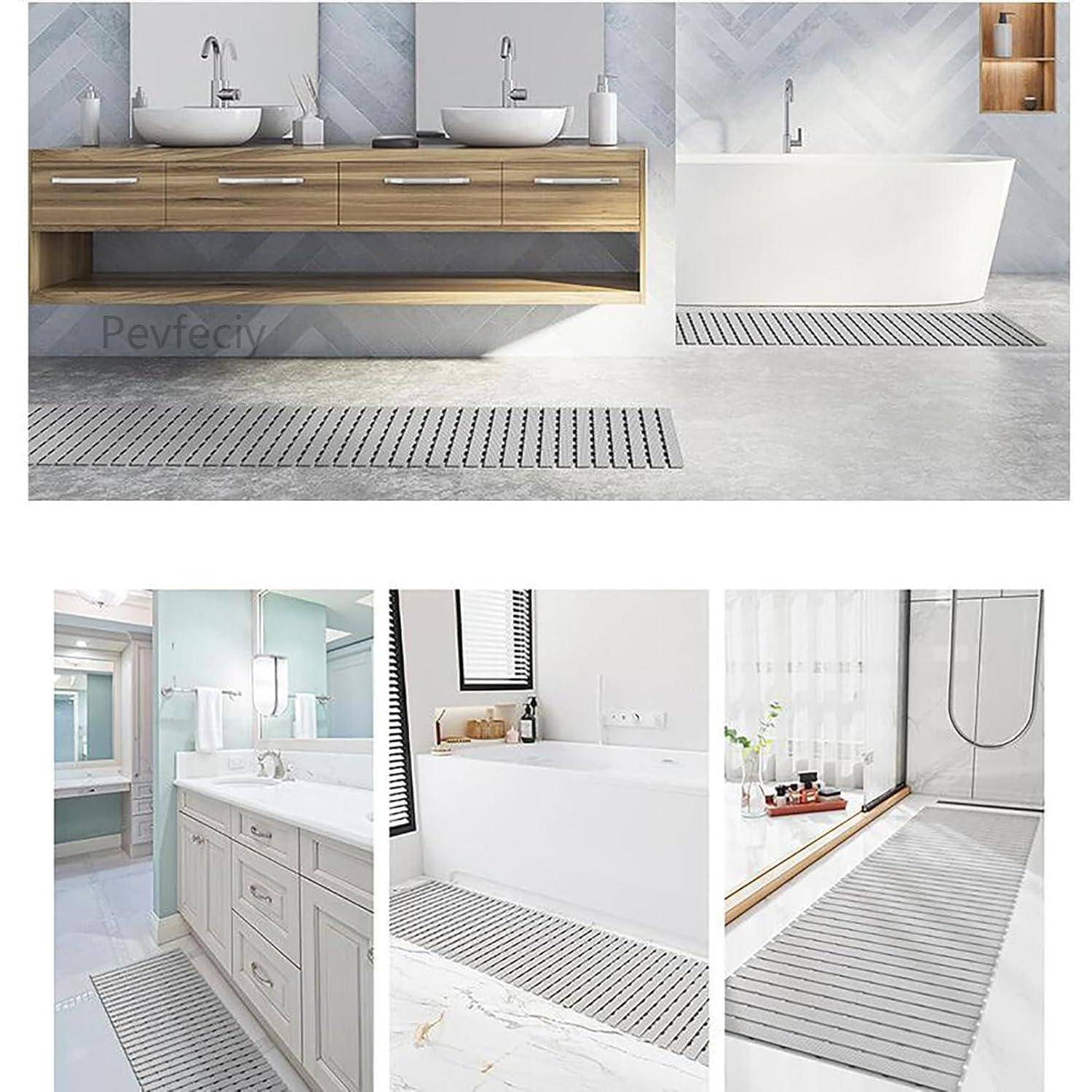 Collage moderner Badezimmer-Abläufe neben Waschtisch, Badewanne und Dusche, die lange lineare Bodenabläufe in minimalistischen Badezimmereinrichtungen zeigen.