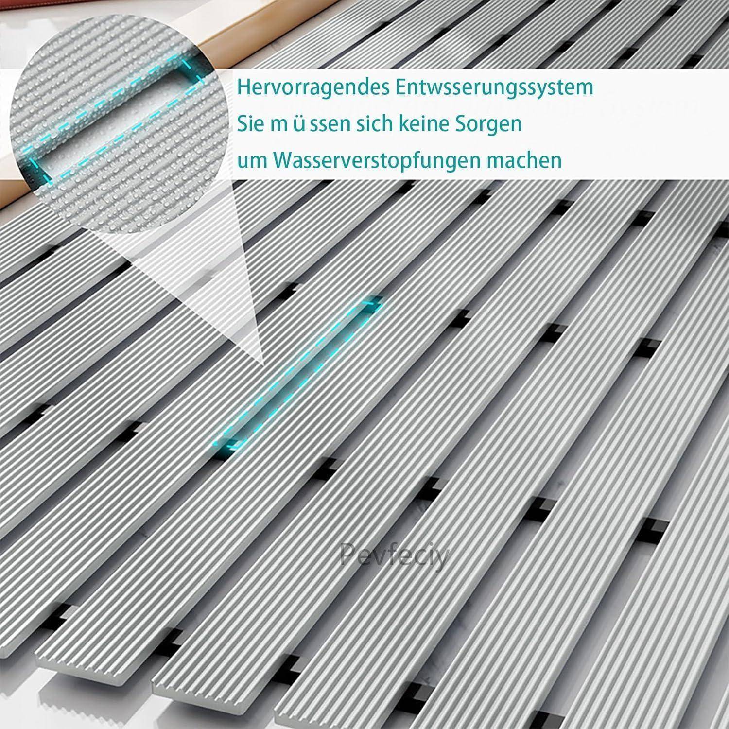 Illustration von gewellten Metallpaneelen mit hervorgehobenen Entwässerungskanälen und deutschem Text: „Hervorragendes Entwässerungssystem