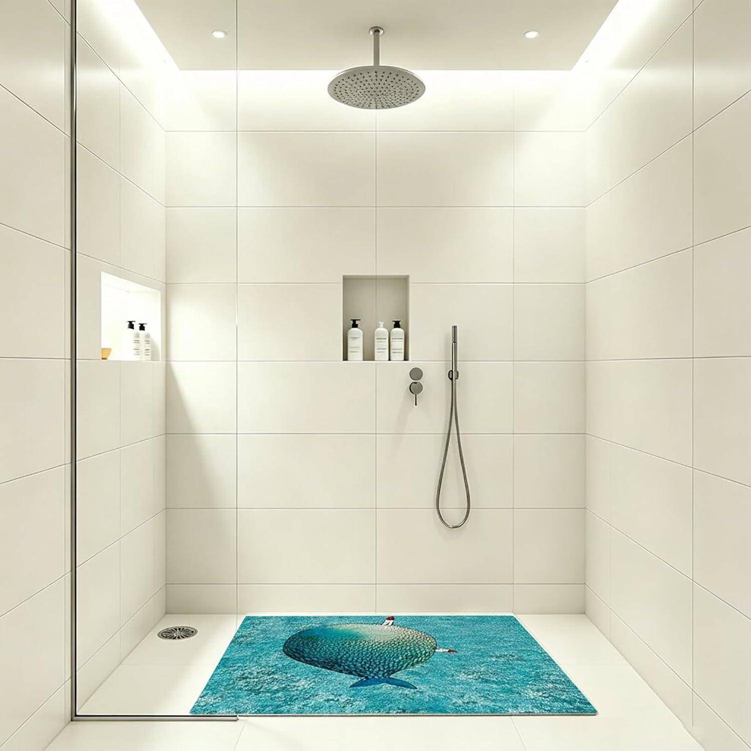 Minimales weißes gekacheltes Badezimmer mit Regendusche, Wandnische, Handbrause und einer blaugrünen Badematte mit Fischmuster auf dem Boden.