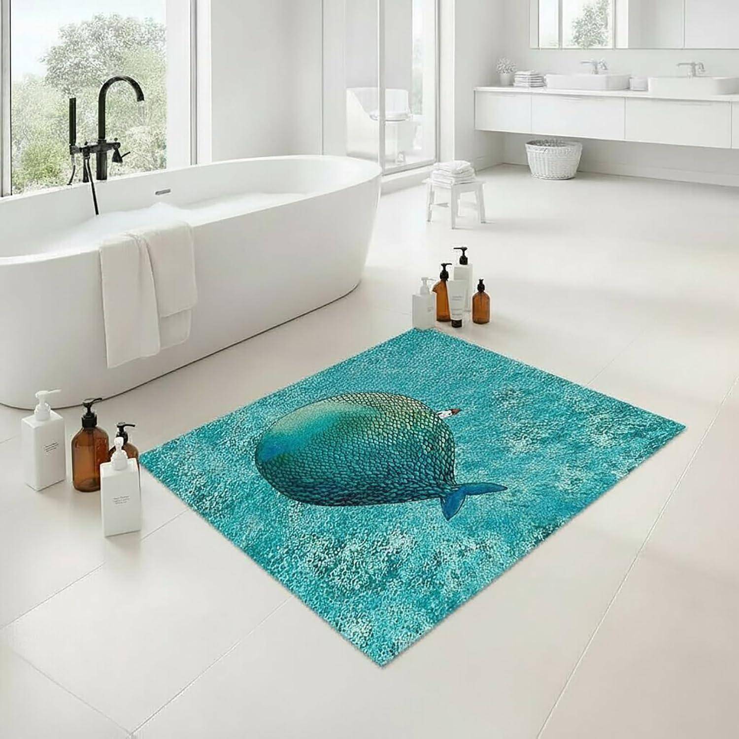 Helles, minimalistisches Badezimmer mit freistehender Badewanne und Waschbecken; ein türkisfarbener Teppich in der Mitte zeigt eine große Walillustration.