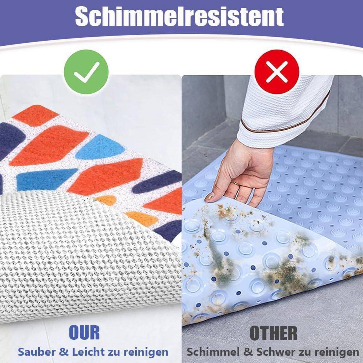 Vergleichsgrafik, die eine schimmelresistente Matte mit der Bezeichnung 