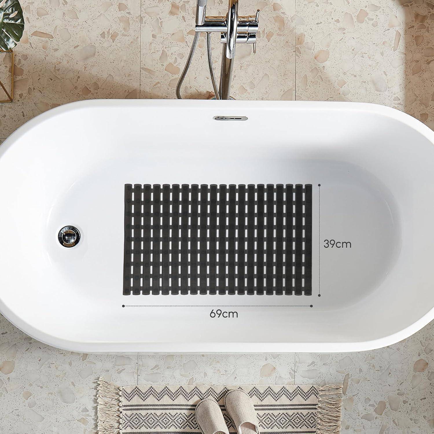 Weiße ovale Badewanne mit schwarzer Antirutschmatte im Inneren, gekennzeichnet mit 69 cm x 39 cm, um ihre Größe anzuzeigen.