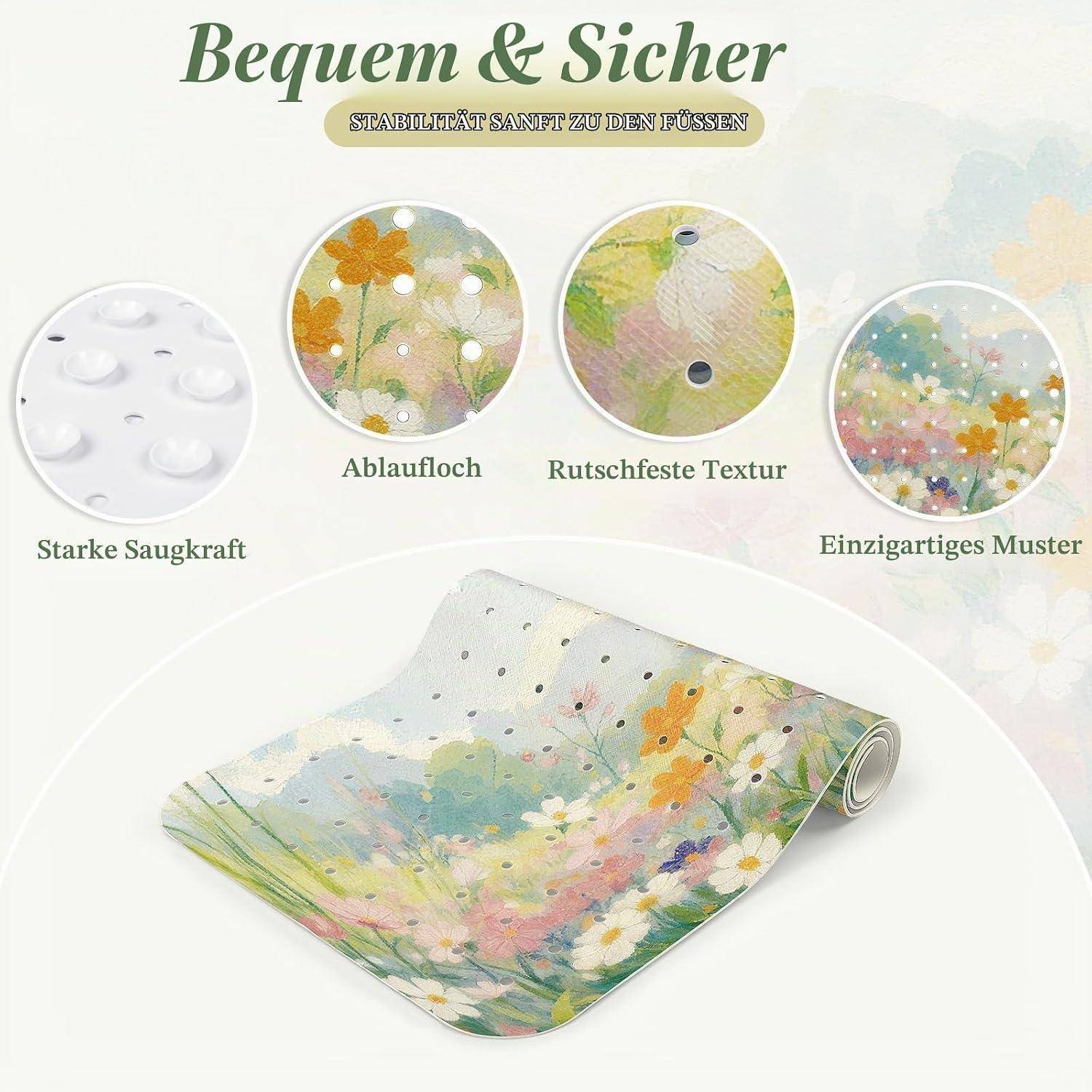 Werbebild einer Blumenbadematte mit dem Text „Bequem & Sicher", das eine starke Saugkraft, Entwässerungslöcher, rutschfeste Textur und ein einzigartiges Muster zeigt.