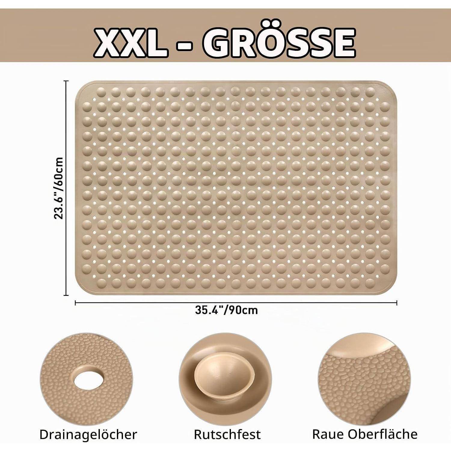 Produktgrafik einer extra-großen beigen Badematte, mit der Bezeichnung 
