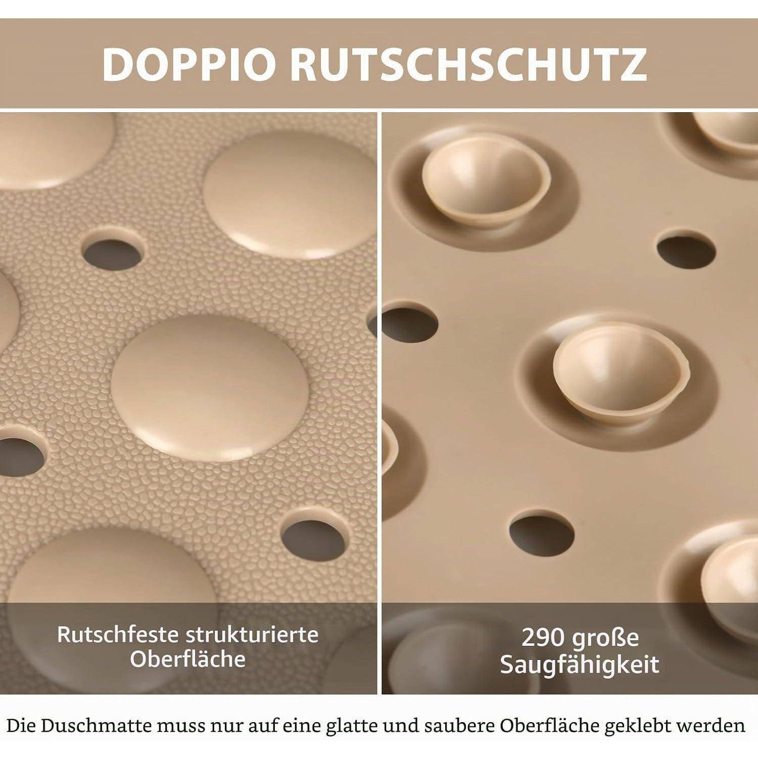 Deutsches Angebot für 'DOPPIO RUTSCHSCHUTZ' Badematte, mit zwei Nahaufnahmen von Oberflächenpaneelen mit den Bezeichnungen 'Rutschfeste strukturierte Oberfläche' und '290 große Saugfähigkeit'.