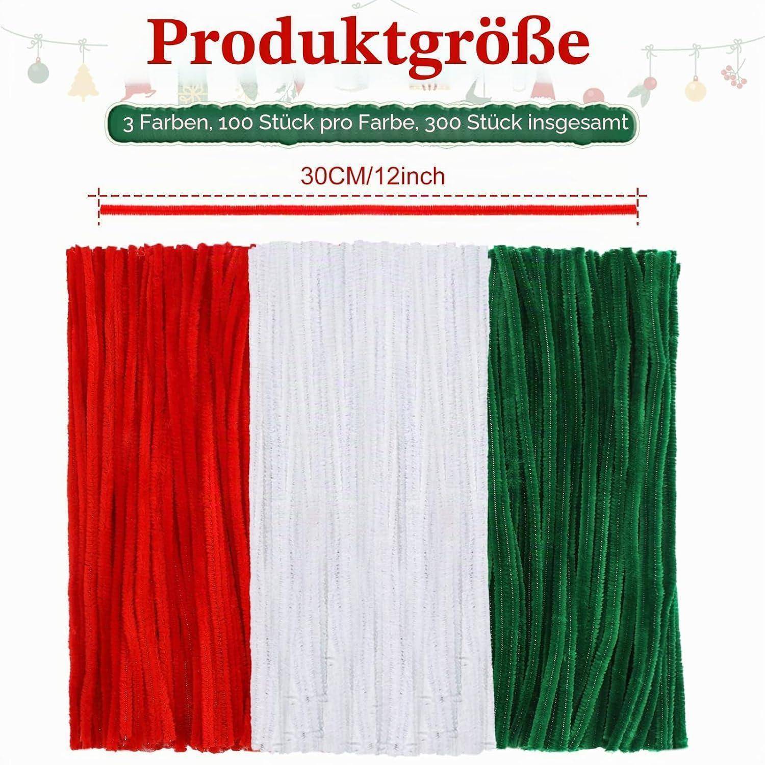 Produktgrößen-Grafik mit drei Farbpaketen—rot, weiß und grün—gekennzeichnet mit 30 CM/12 Zoll, mit 3 Farben, 100 Stück pro Farbe, 300 insgesamt.