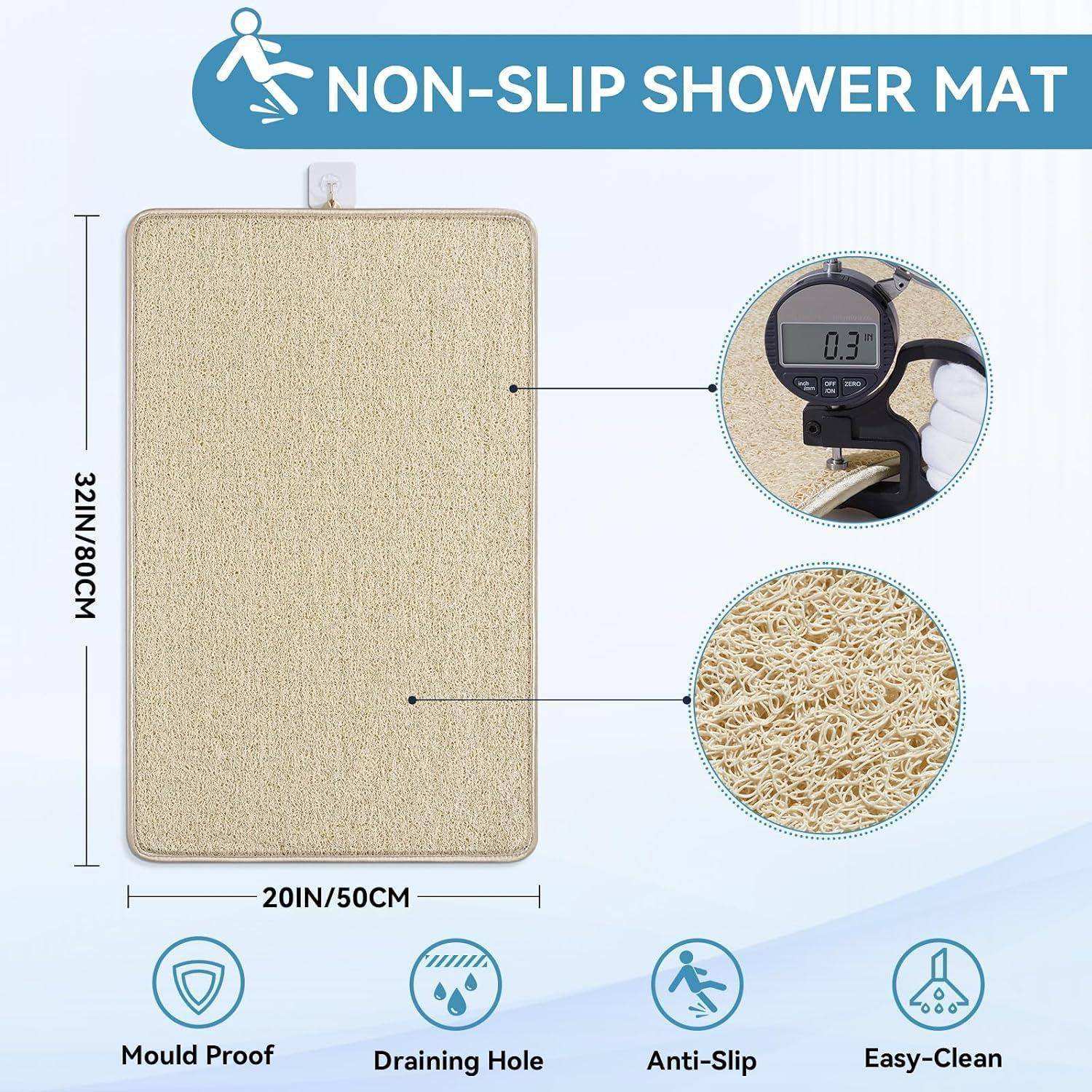 Bild einer rutschfesten Badewannenmatte, das eine rechteckige beige Matte mit den Maßen 32 x 20 Zoll zeigt, mit Nahaufnahmen der strukturierten Oberfläche und einer Dicke von 0,3 cm; Merkmale sind schimmelresistent, Ablauflochs, rutschfest, leicht zu reinigen.