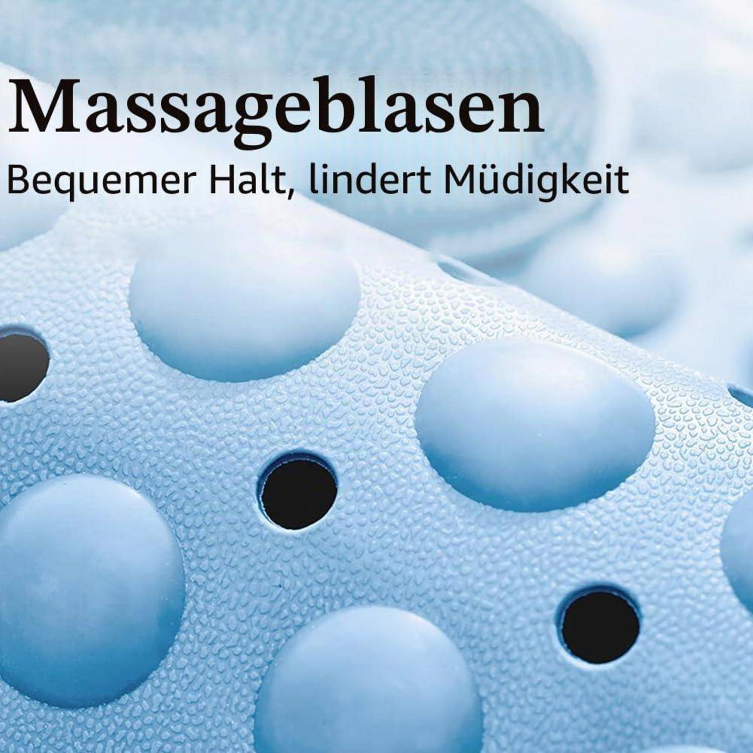 Blaue Massagebälle mit Löchern, beschriftet mit „Massageblasen