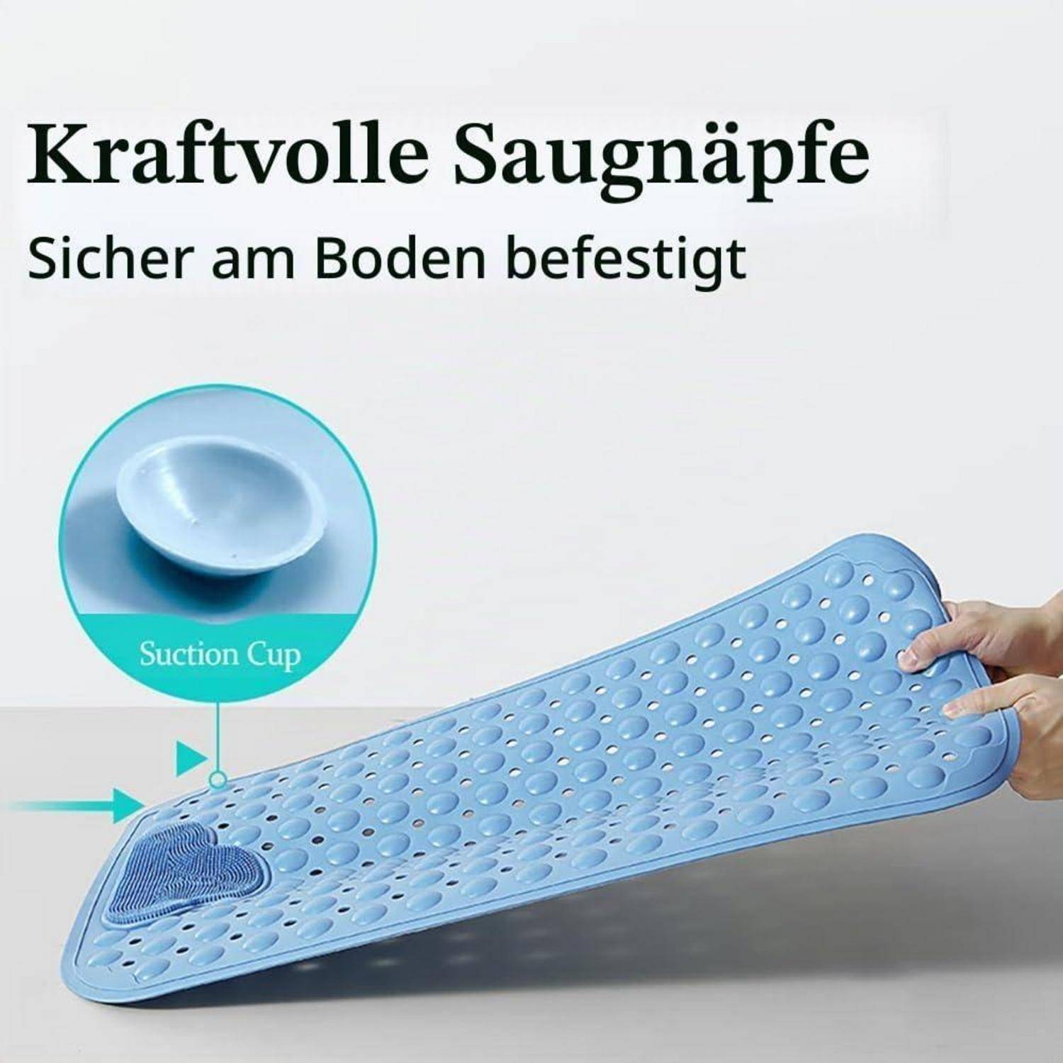 Blauflächige Anti-Rutsch-Badmatte mit Saugnäpfen, die gezeigt wird, wie sie angehoben wird, während sie am Boden befestigt bleibt; der Text lautet „Kraftvolle Saugnäpfe