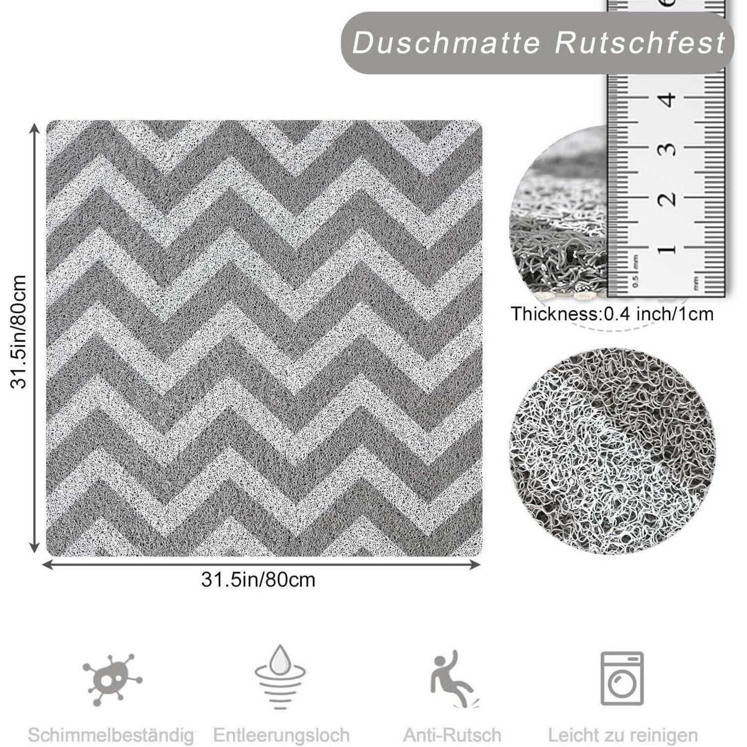 Produktbild einer grauen Chevron-Badewannenmatte, 31,5 x 31,5 Zoll, 0,4 Zoll dick, mit Nahaufnahmen, die die strukturierte, rutschfeste Oberfläche und Entwässerungslöcher zeigen.