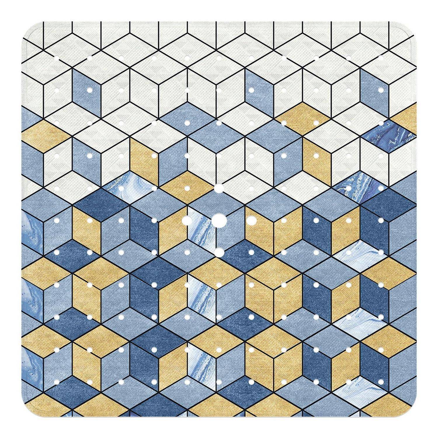 Abstraktes geometrisches Würfelmuster in Blau, Gold und Weiß, das ein tesselliertes 3D-ähnliches Mosaik bildet.