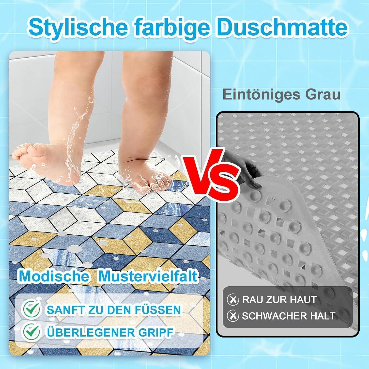Anzeige für eine farbenfrohe Badezimmermatte: Füße, die auf einer gemusterten Matte stehen, mit der Aufschrift „Modische Mustervielfalt