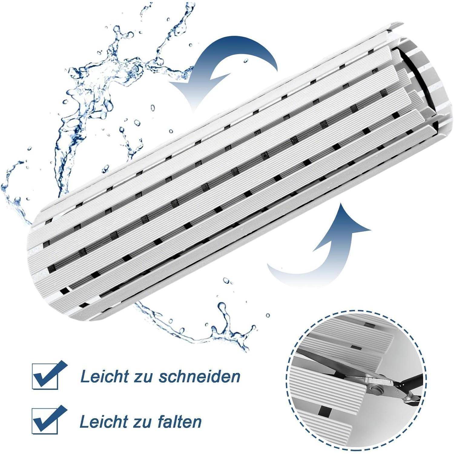 Ausdehnbare weiße Stegmatte oder Rolle mit Wasserspritzergrafikern und Pfeilen, plus deutschem Text „Leicht zu schneiden