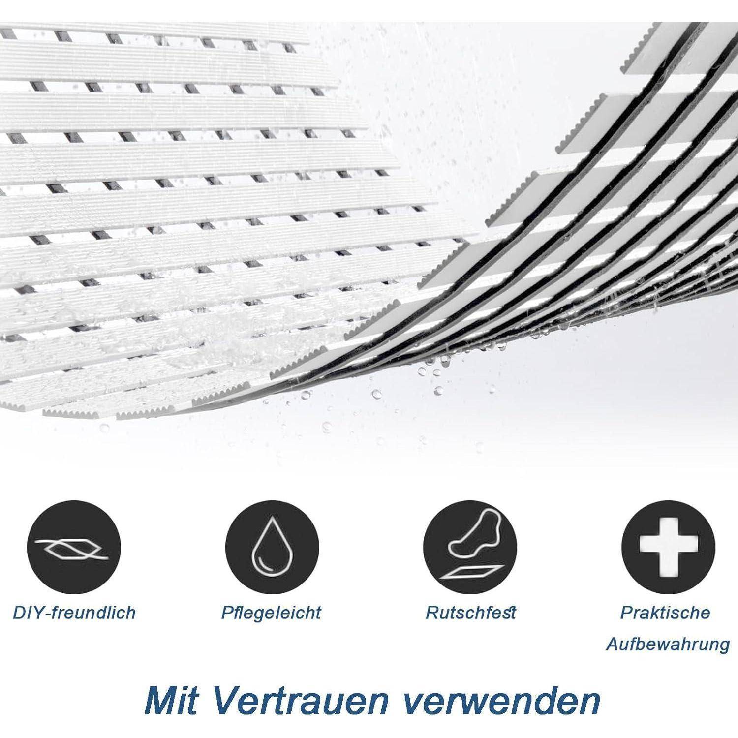 Textilmaterial in Großaufnahme mit Feature-Symbolen für DIY-freundlich, pflegeleicht, rutschfest und praktische Aufbewahrung; die Überschrift lautet „Mit Vertrauen verwenden