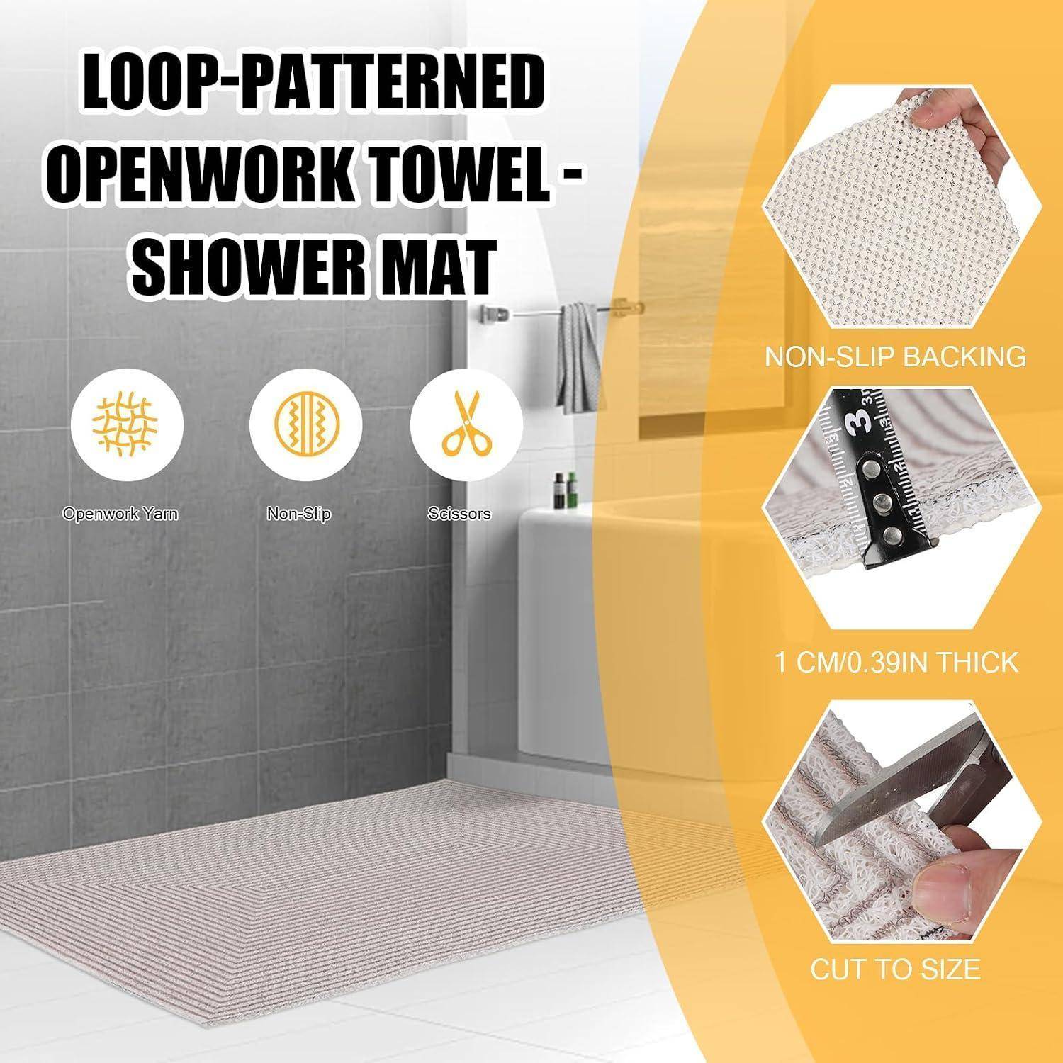 Werbebild einer Schlingenstruktur-Openwork-Badematte, die als Duscheinlage verwendet wird, mit rutschfestem Untergrund, 1 cm Dicke und Zuschnitt nach Maß.