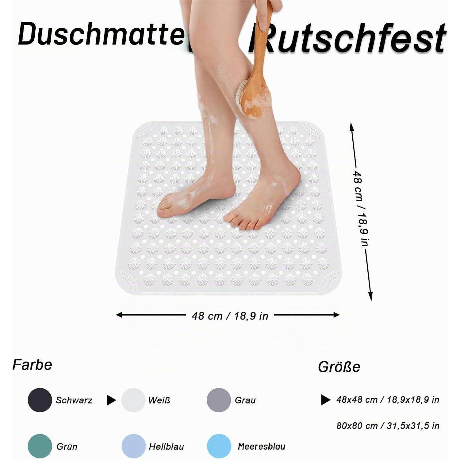Produktbild einer rutschfesten Badewannenmatte ('Duschmatte Rutschfest') mit Fußmassage-Noppen, dargestellt in Weiß, Größe 48 x 48 cm und erhältlich in Schwarz, Weiß, Grau, Grün, Hellblau und Meeresblau.