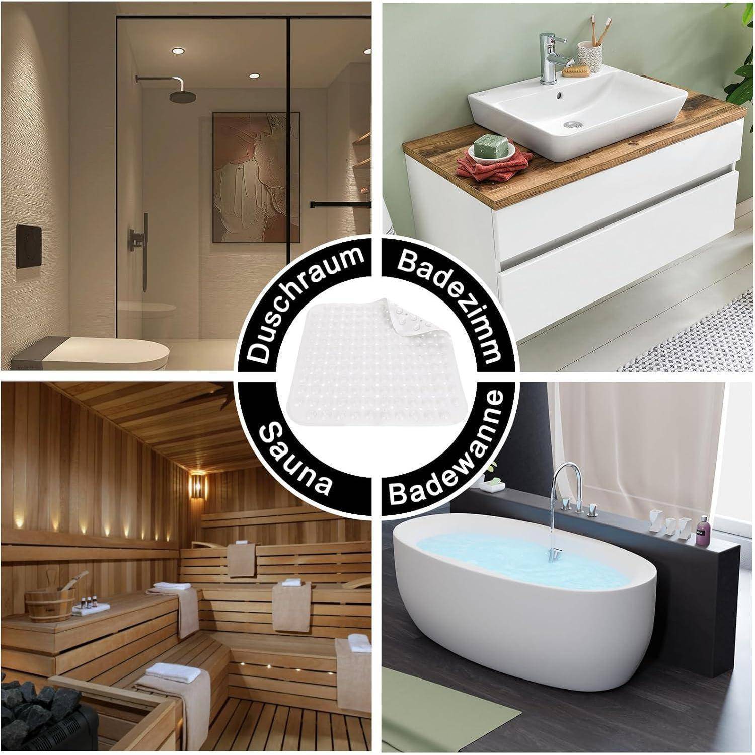 Collage von Badezimmer- und Spa-Bereichen mit den Beschriftungen „Duschraum