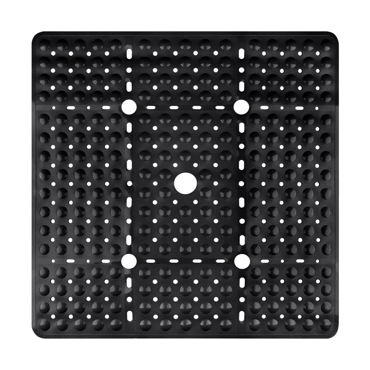 Schwarze durchlochte quadratische Kunststoffplatte mit einem Gitter aus weißen gestrichelten Linien und kreisförmigen Markierungen, ähnlich einer Spiel- oder Positionierungsvorlage.